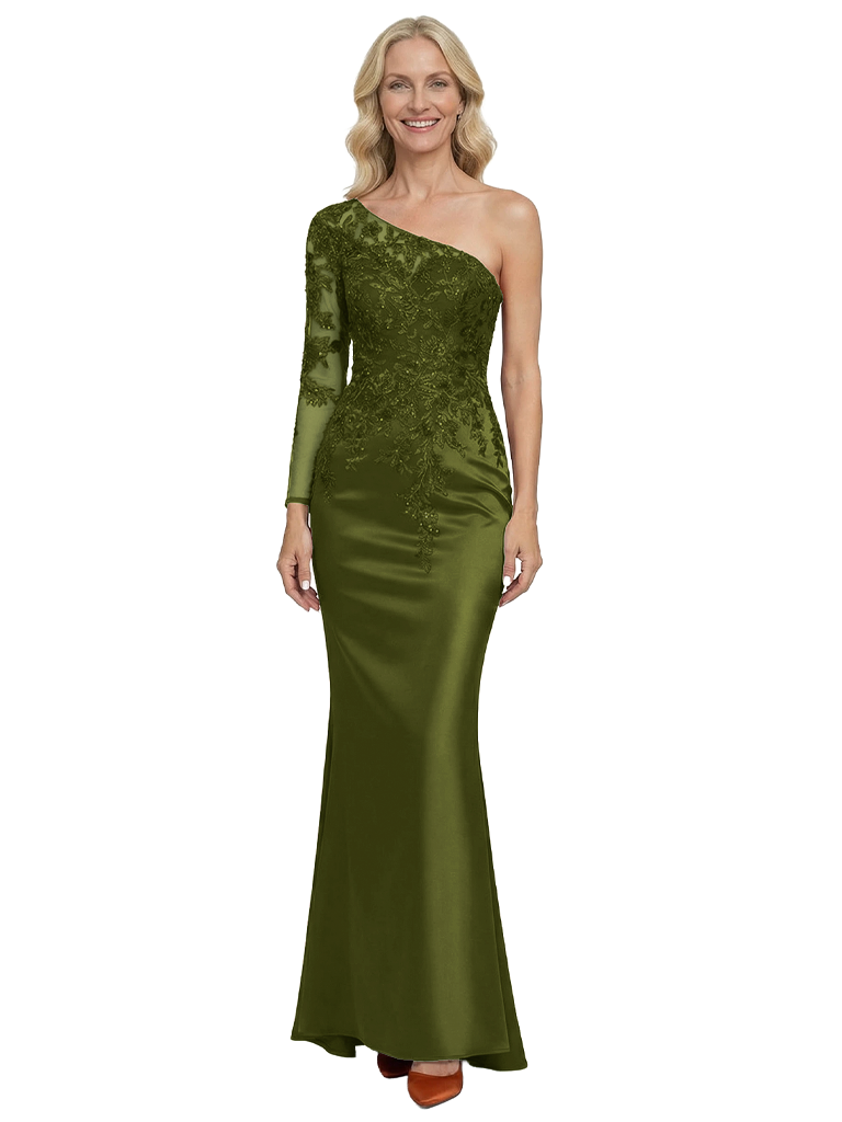 Chicsew One Shoulder Satin Mermaid Mother Of The Groom Dress With Lace Long Sleeve - Olive-green