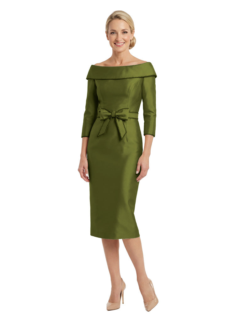 Modern Boat Neck Long Sleeve Midi Mother of the Bride Dress Wth Bow Waist - Olive-green