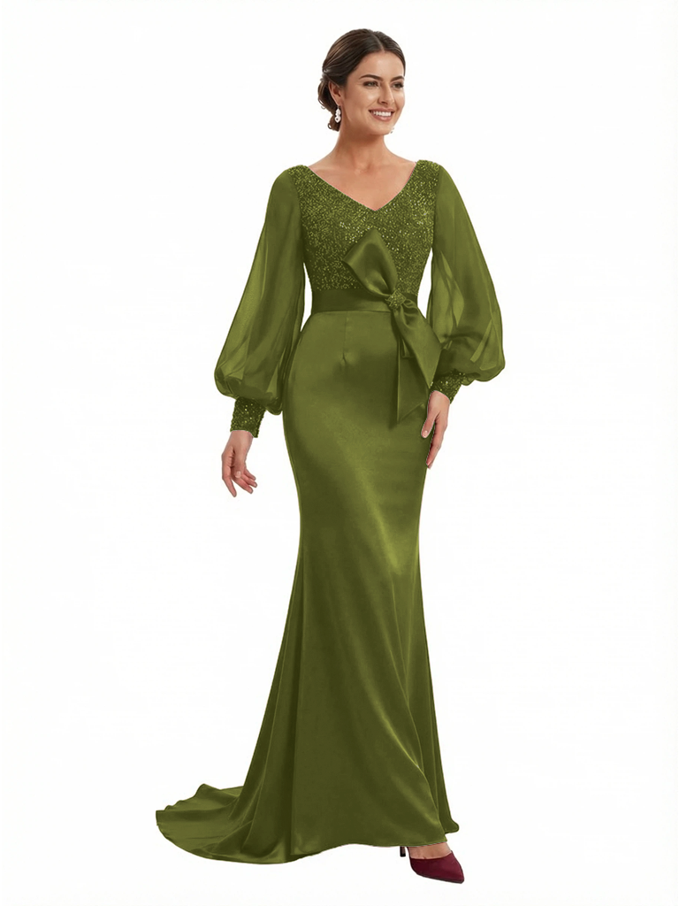 Chicsew Fancy Mother of The Groom Dress V-Neck Long Sleeves Sequin Lace Bodice Mermaid Train Satin Fabric Bow Accent Stylish - Olive-green