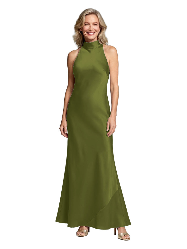 Chic Halter Sleeveless Satin Mother of The Groom Dress Floor-Length Mermaid Gown - Olive-green
