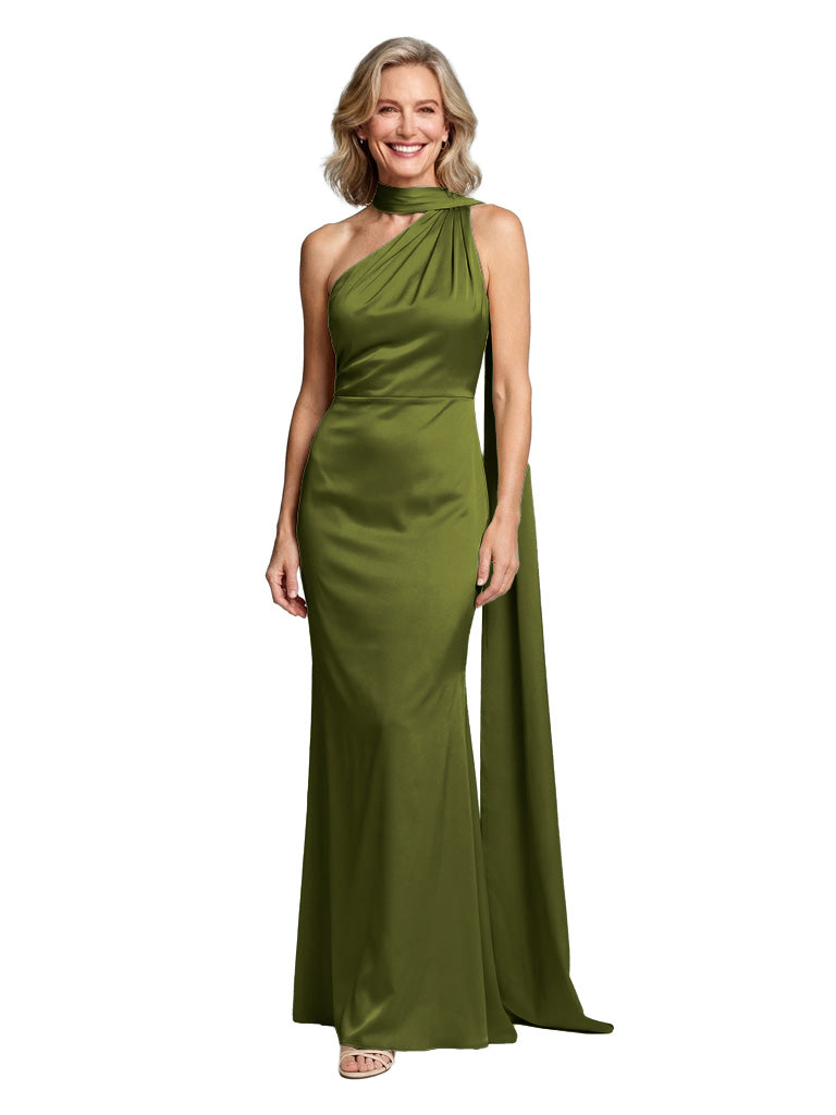 Halter Neck Satin Mother Of The Bride Dress Sheath Maxi Gown With Open Back Cape Chic Formal Wedding Attire - Olive-green