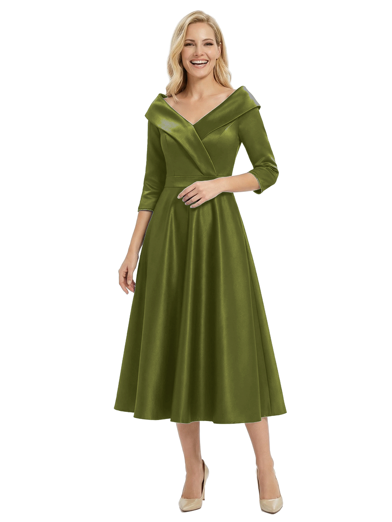 Chicsew Modern Off Shoulder Sleeve Satin Mother of The Groom Dress Midi A-Line Formal Gown - Olive-green