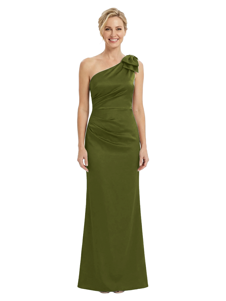 Chicsew Mother of The Bride Dresses One Shoulder Sleeveless Satin Bow Knot Maxi Gown Classy Formal Wedding Dress - Olive-green