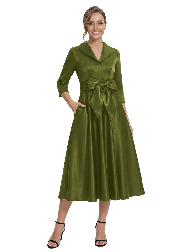 Chicsew Stylish Lapel Sleeve Satin Mother of The Groom Dress Midi A-Line Bow Fancy Gown - Olive-green