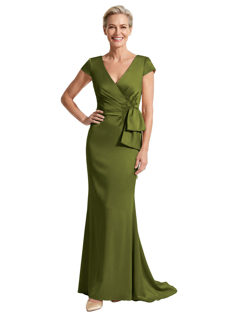 Elegant V-Neck Satin Mother of The Groom Dress Cap Sleeves Mermaid Maxi Gown - Olive-green