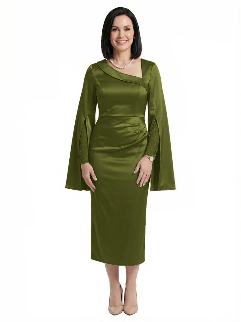 Chicsew Vintage Asymmetric Long Sleeves With Lace Satin Mermaid Mother of The Bride Dress - Olive-green