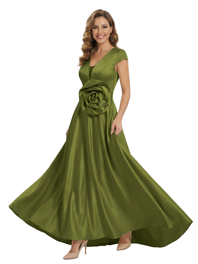 V-Neck Satin Mother Of The Groom Dress Cap Sleeves A-Line Maxi Gown With Handmade Flower - Olive-green