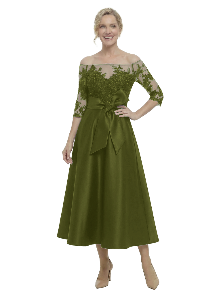 Chicsew Unique Off Shoulder Tea-Length Satin Mother Of The Bride Dress With Lace Illusion - Olive-green