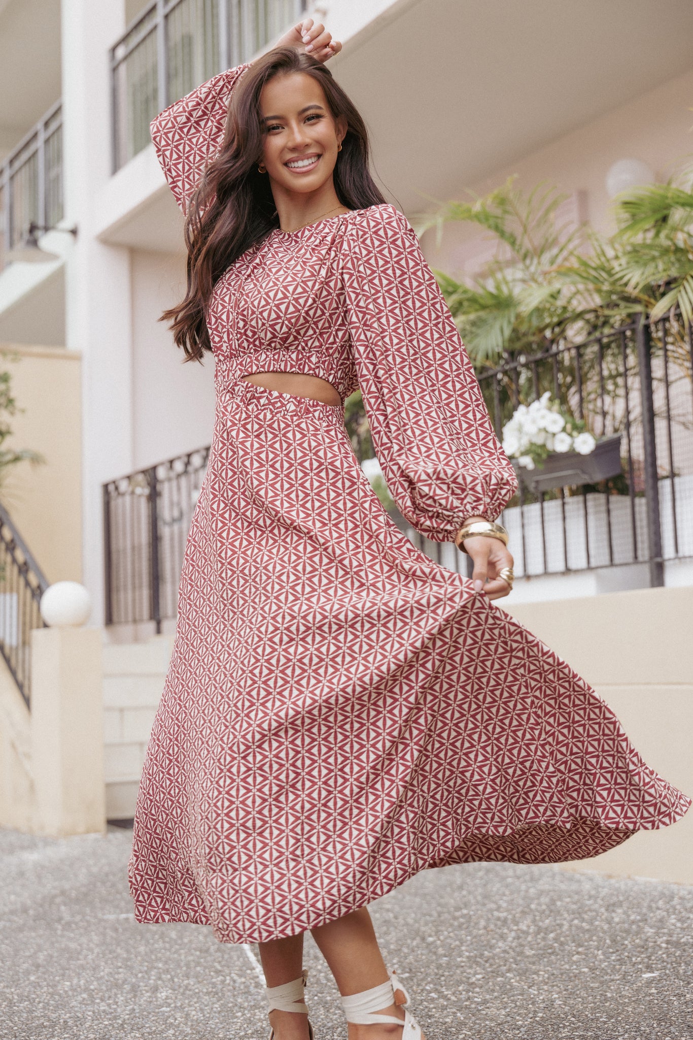 Ginnee Puff Sleeve Cutout Midi Dress