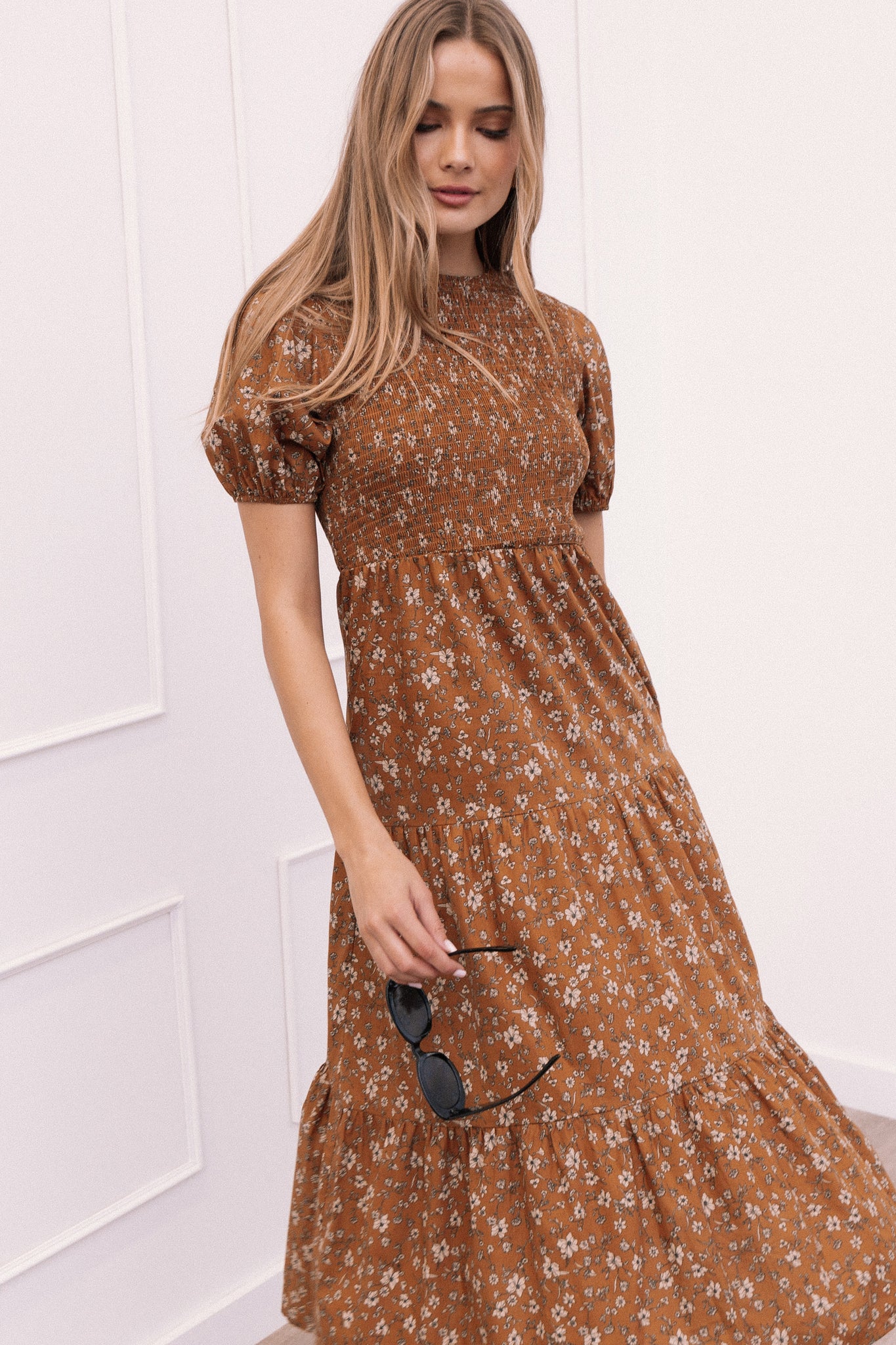 Naura Shirred Tiered Midi Dress