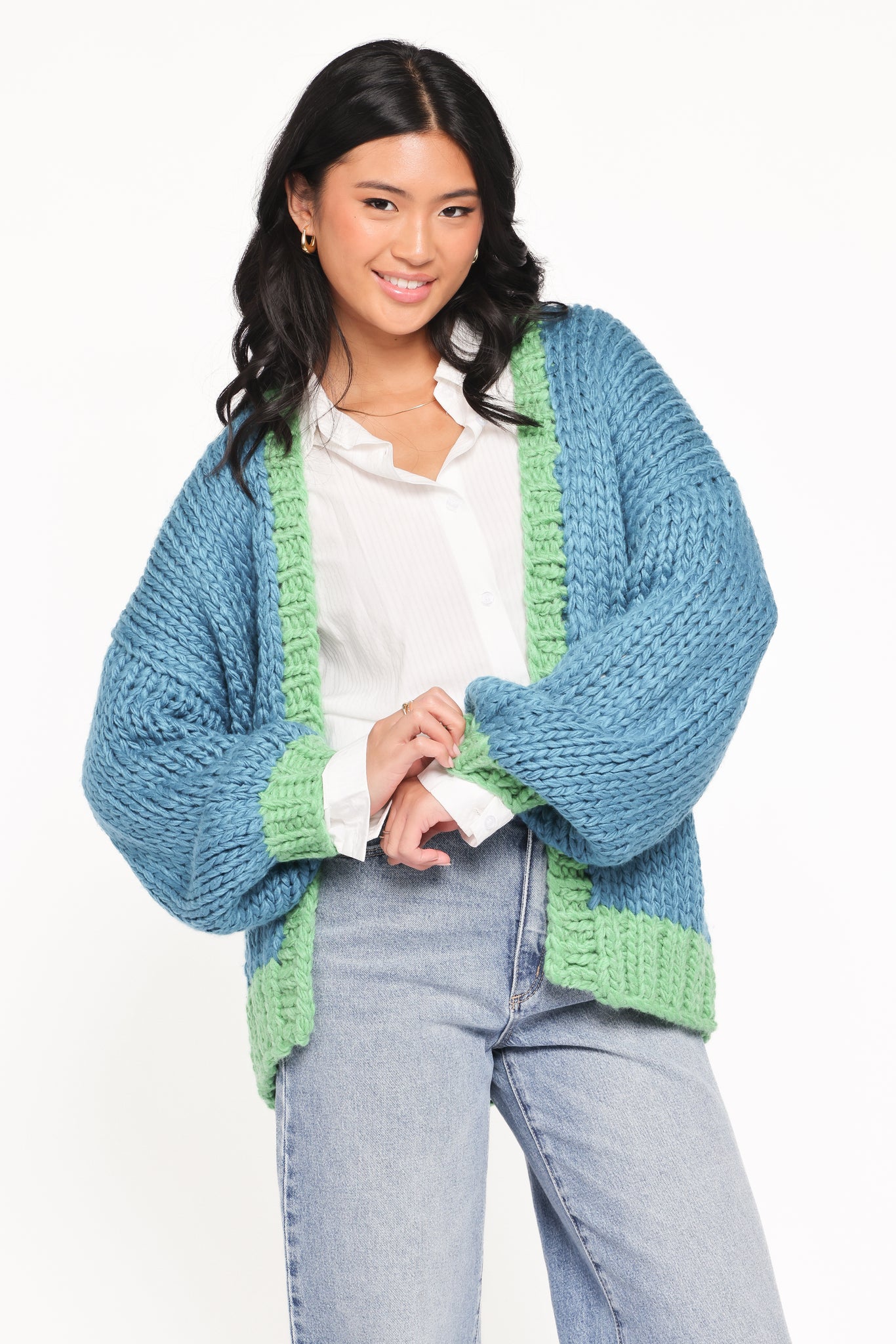 Anige Contrast Trim Cardigan - BlueGreen