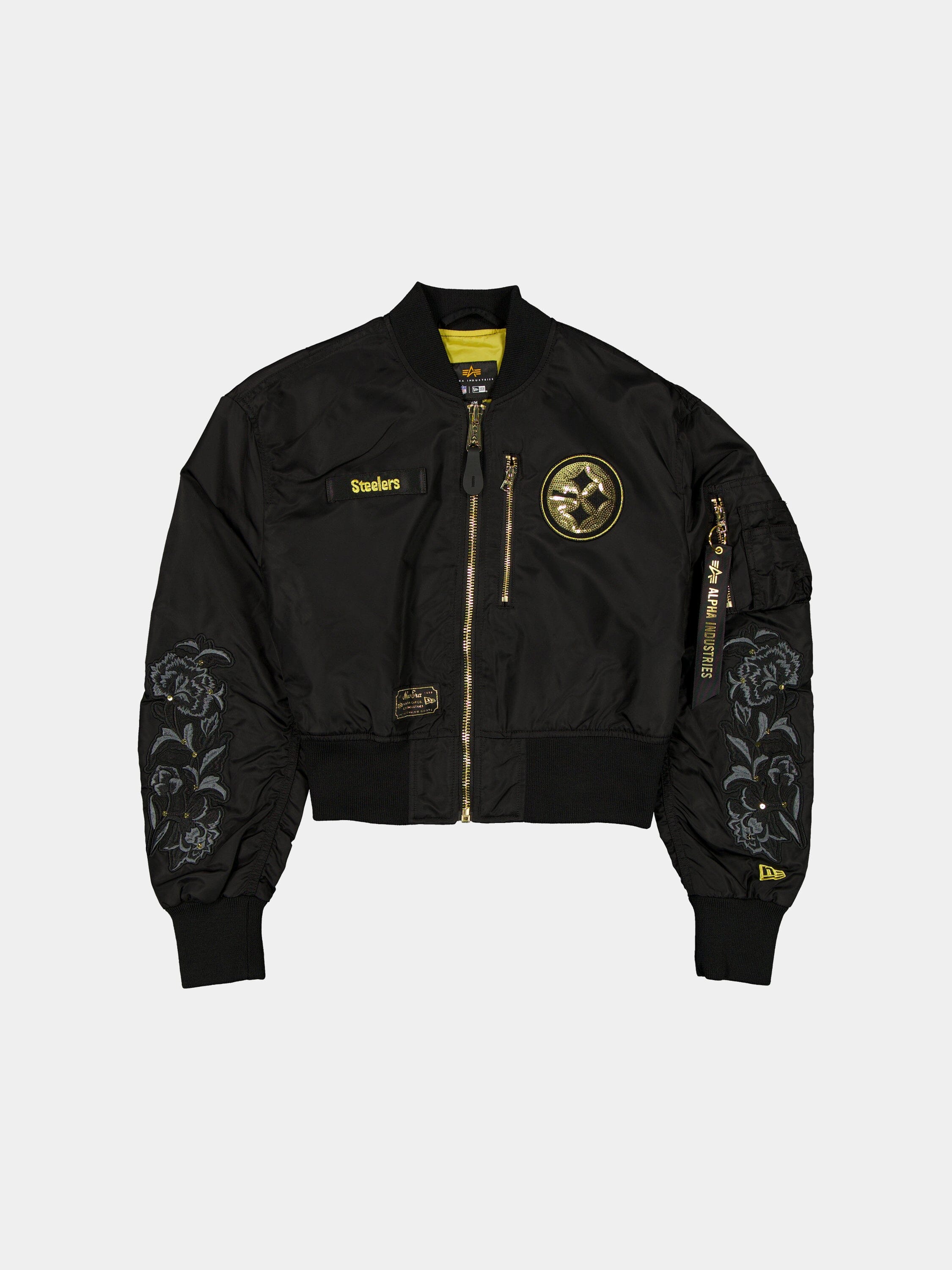 PITTSBURGH STEELERS X ALPHA X NEW ERA L-B CROPPED BOMBER JACKET WOMENS - BLACKGOLD