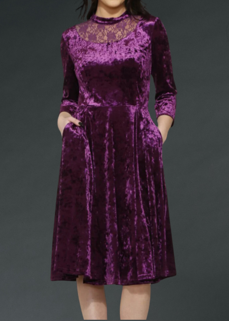 Purple Velvet Gothic Dress with Lace Details - Purple
