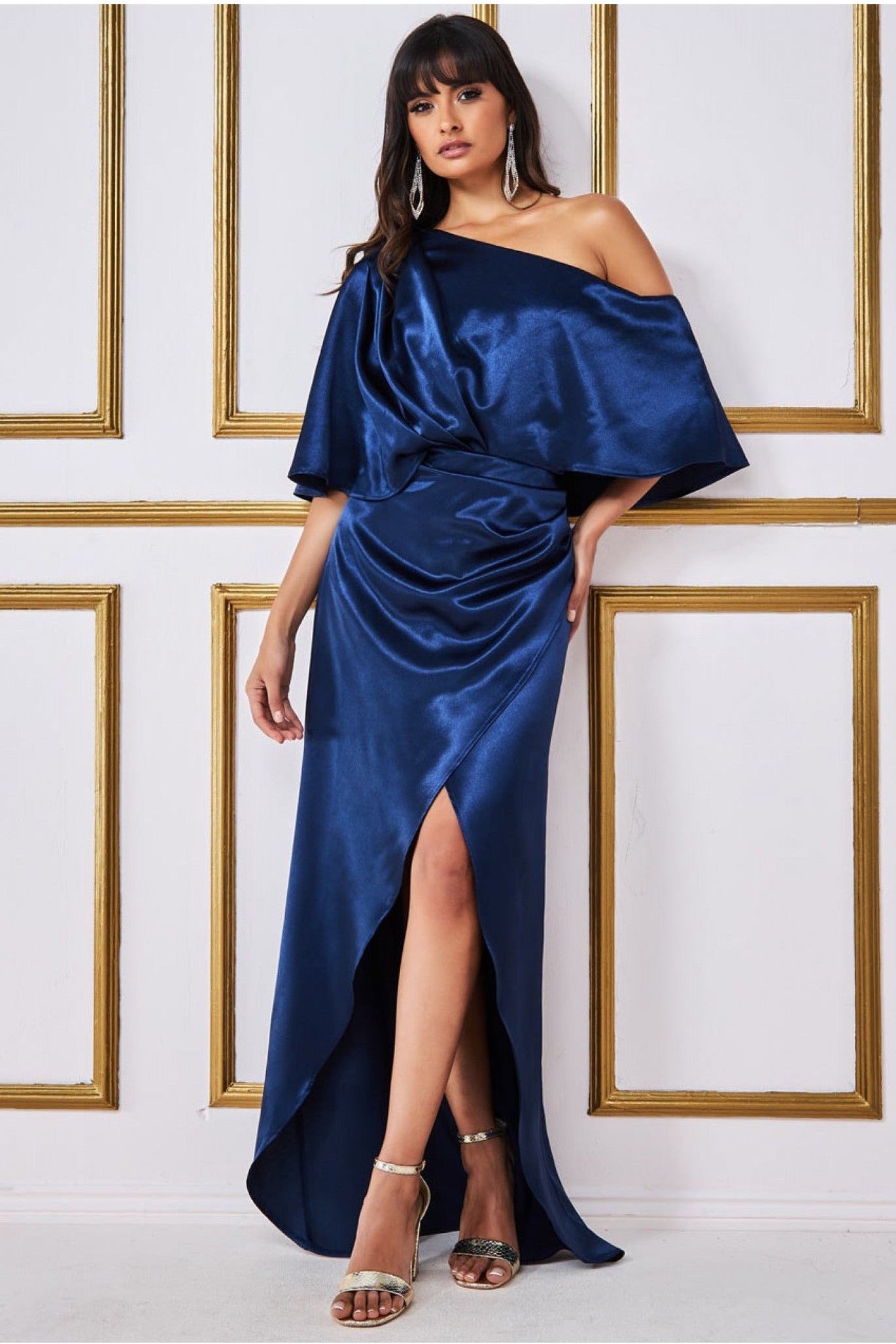 Goddiva Satin Drape Shoulder Wrap Maxi Dress