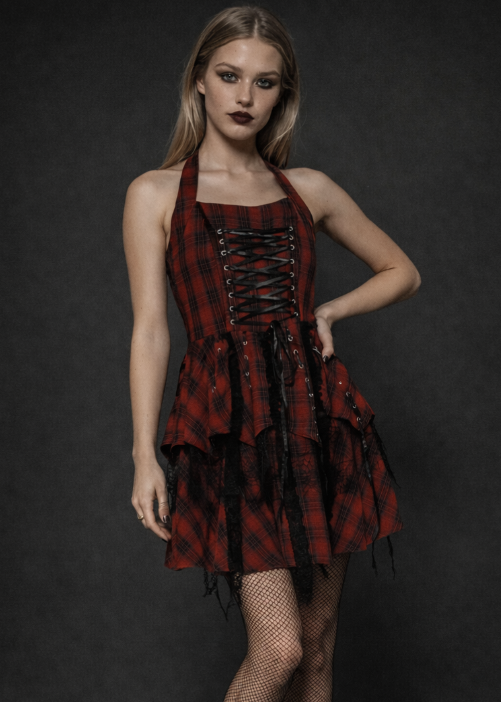 Rebellion Red Plaid Goth Mini Dress With Corset Lacing - Red