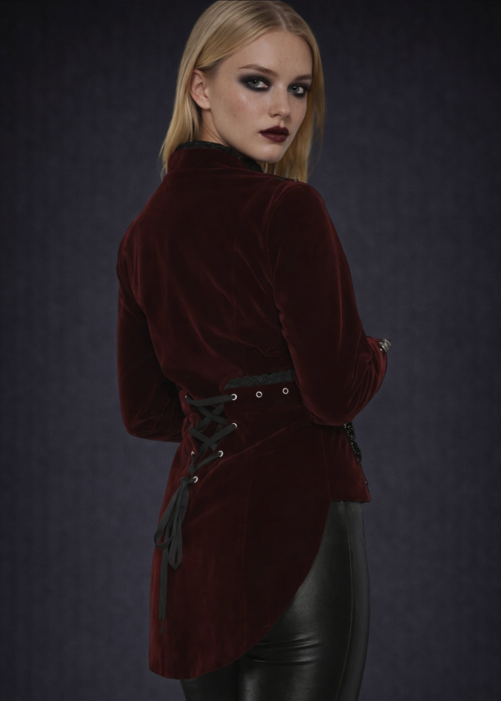 Red Velvet Steampunk Tailed Jacket Gothic Coat - Burgundy