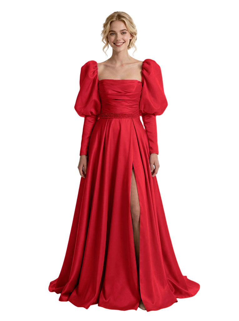 Modern Long A-Line Gown With Ruched Bodice Beaded Waist Classy Square Neck Puff-Sleeve Satin Prom Dress