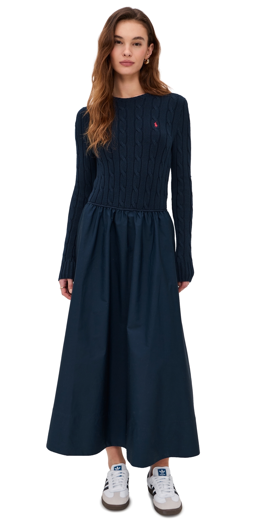 Polo Ralph Lauren Cable Knit Poplin Dress Hunter Navy