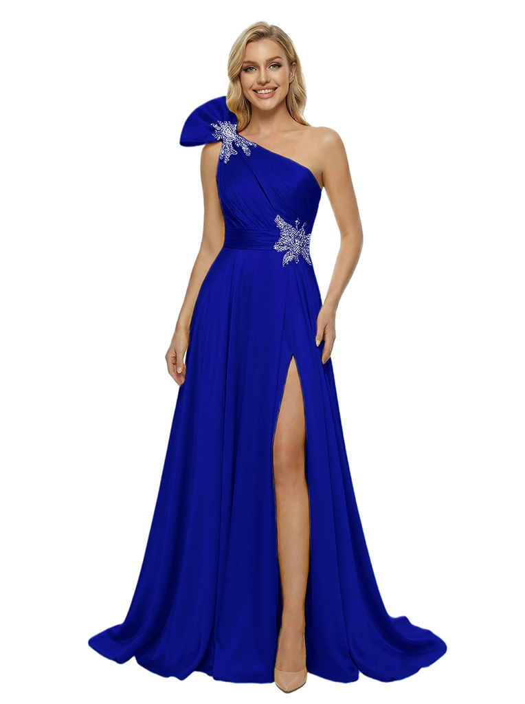 Pretty One Shoulder Satin Prom Dress Diagonal Ruffle Trim A-Line Side Slit Evening Gown