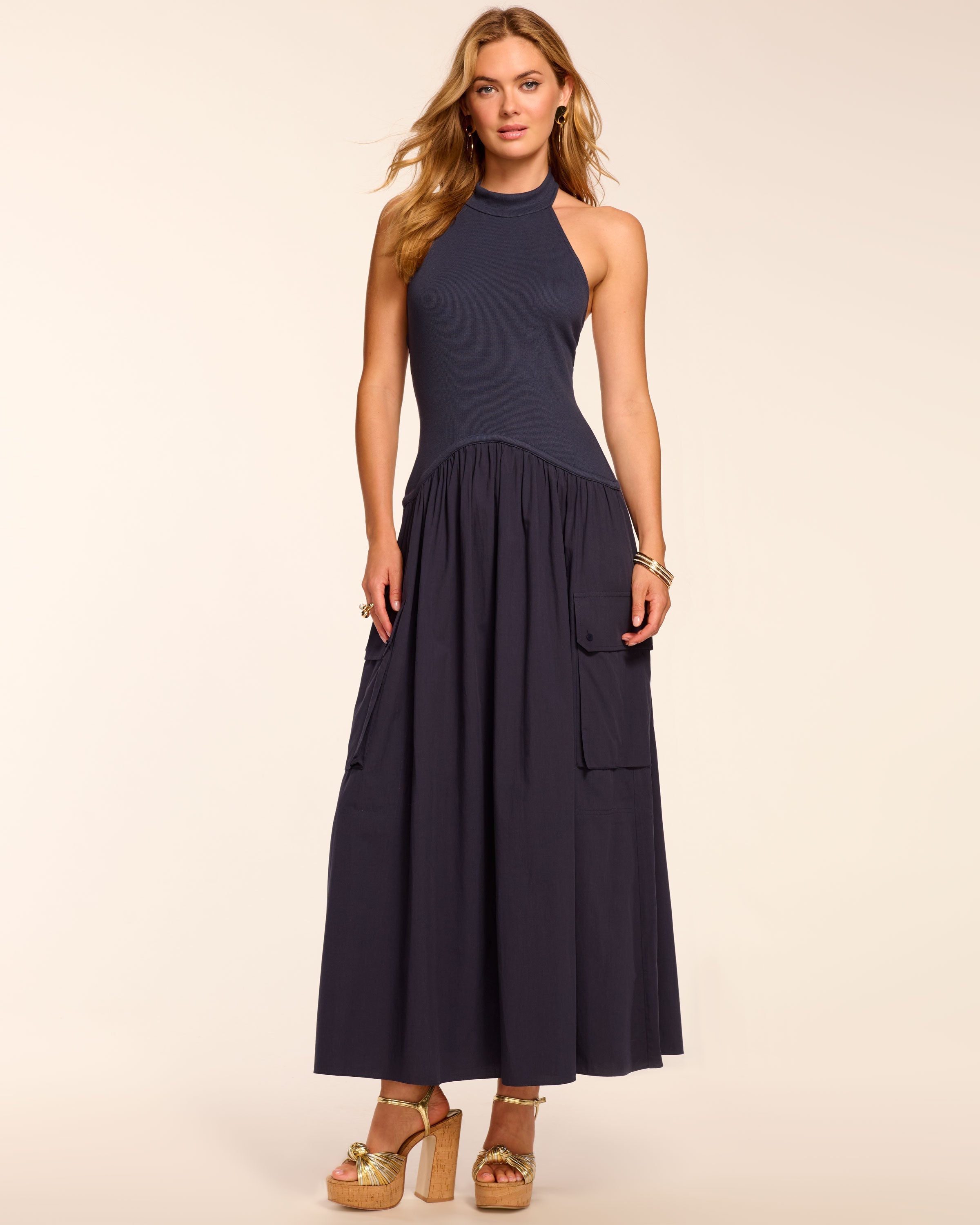 Simonne Cotton Knit Combo Halter Maxi Dress in Navy