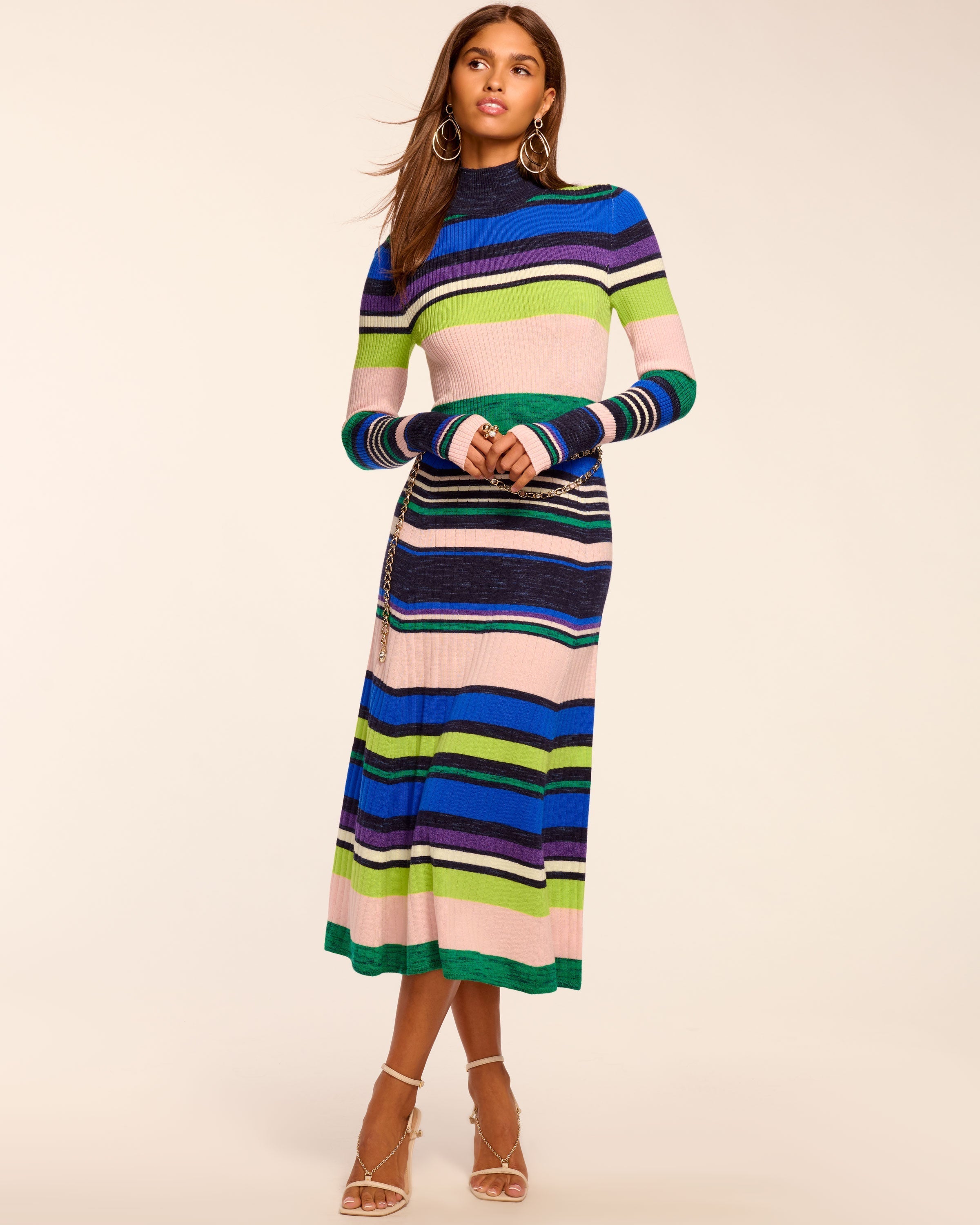 Monaco Merino Mock Neck Midi Dress in Ultramarine stripe