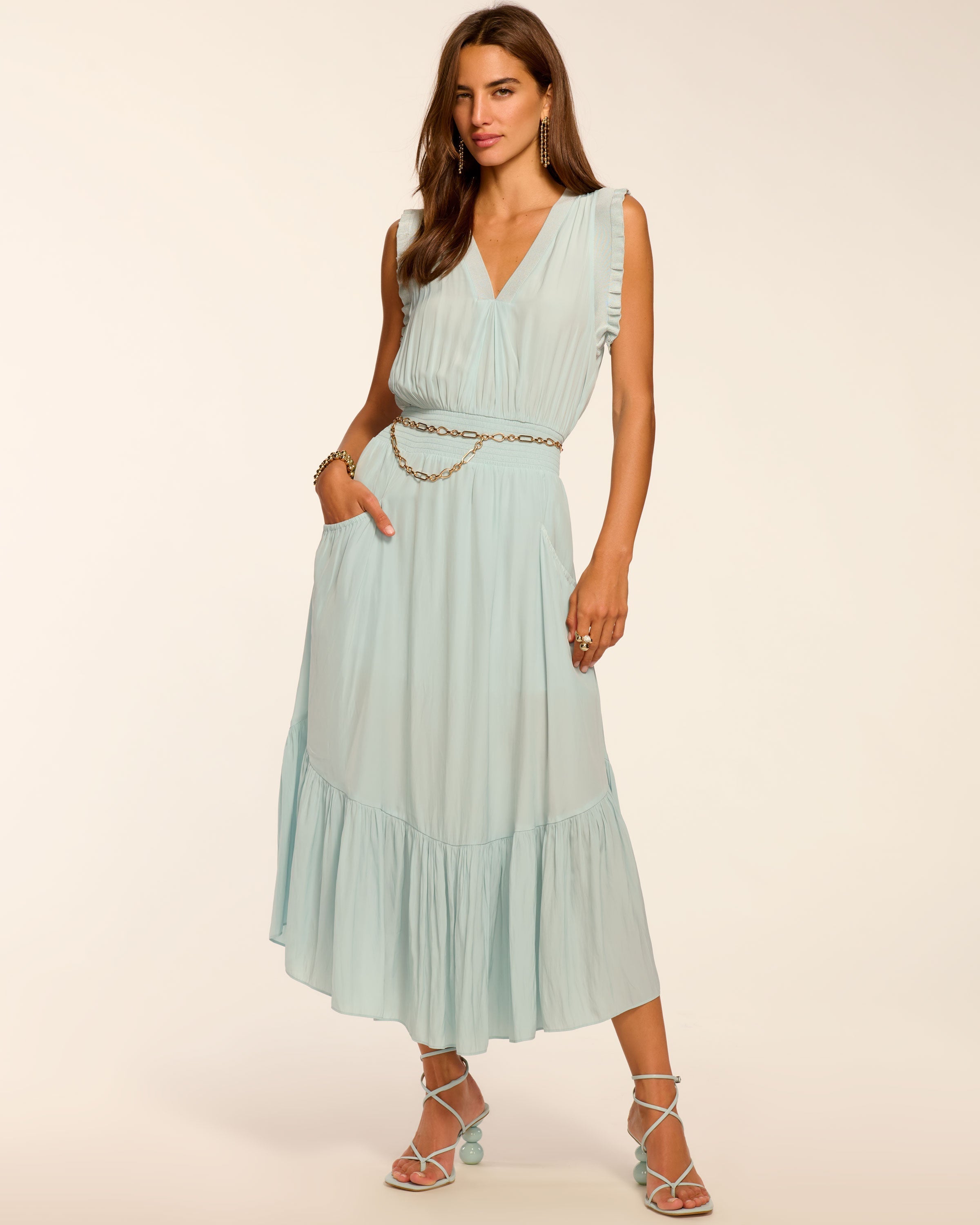 Coco Smocked Sleeveless Midi Dress in Moonstone blue