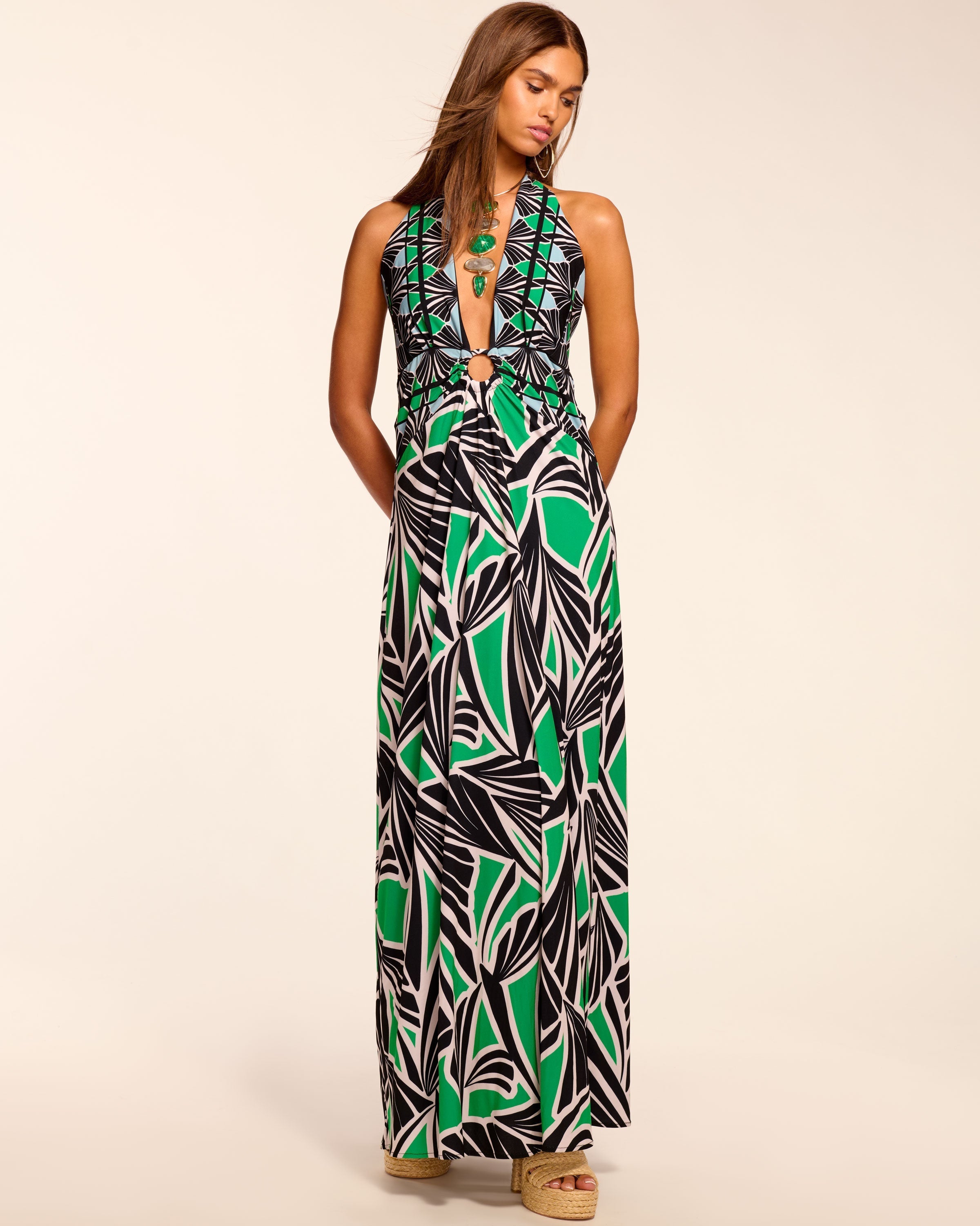 Rayna Jersey Plunging Maxi Dress in Palm print
