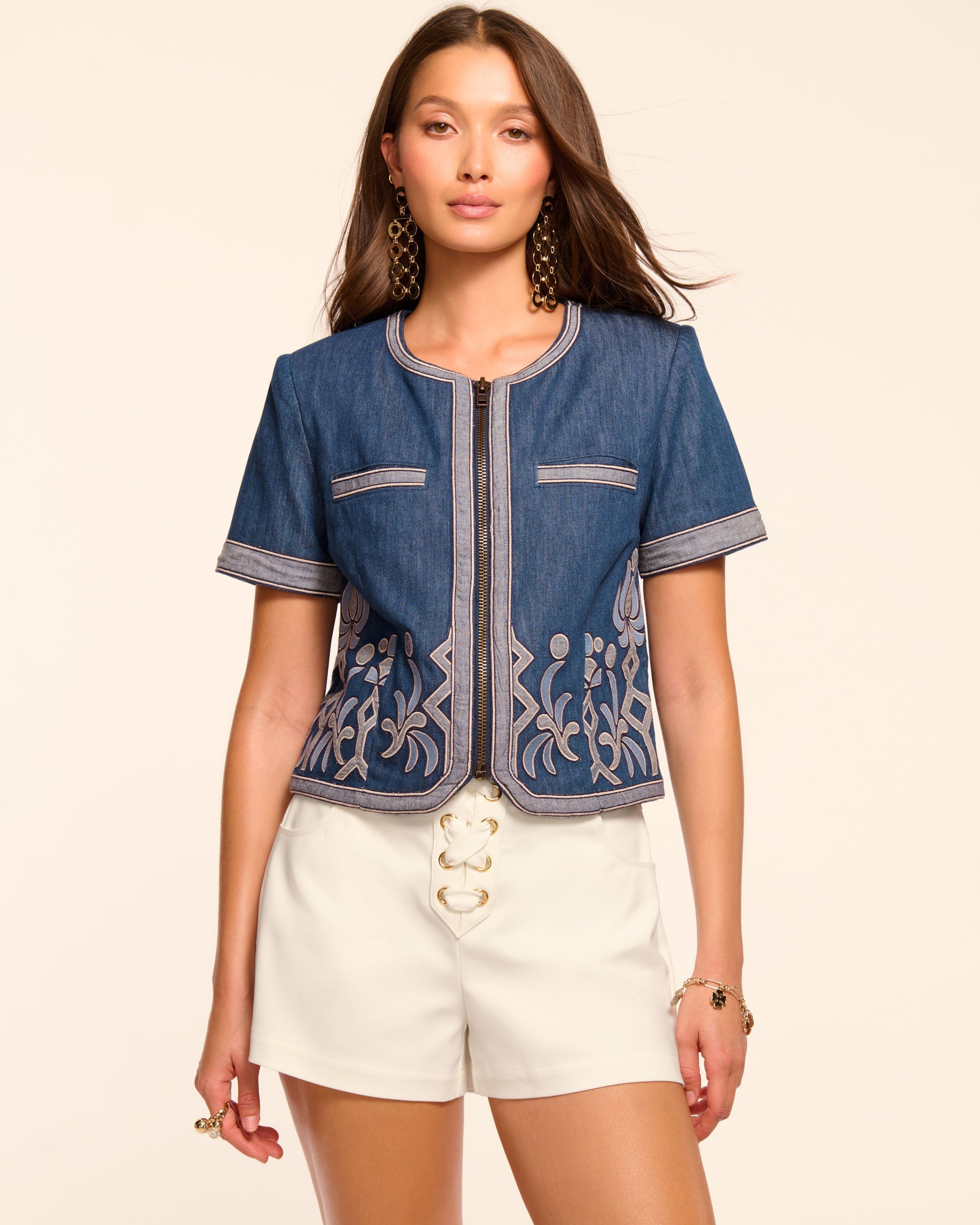 Nicko Denim Embroidered Short Sleeve Jacket in Embroidered denim