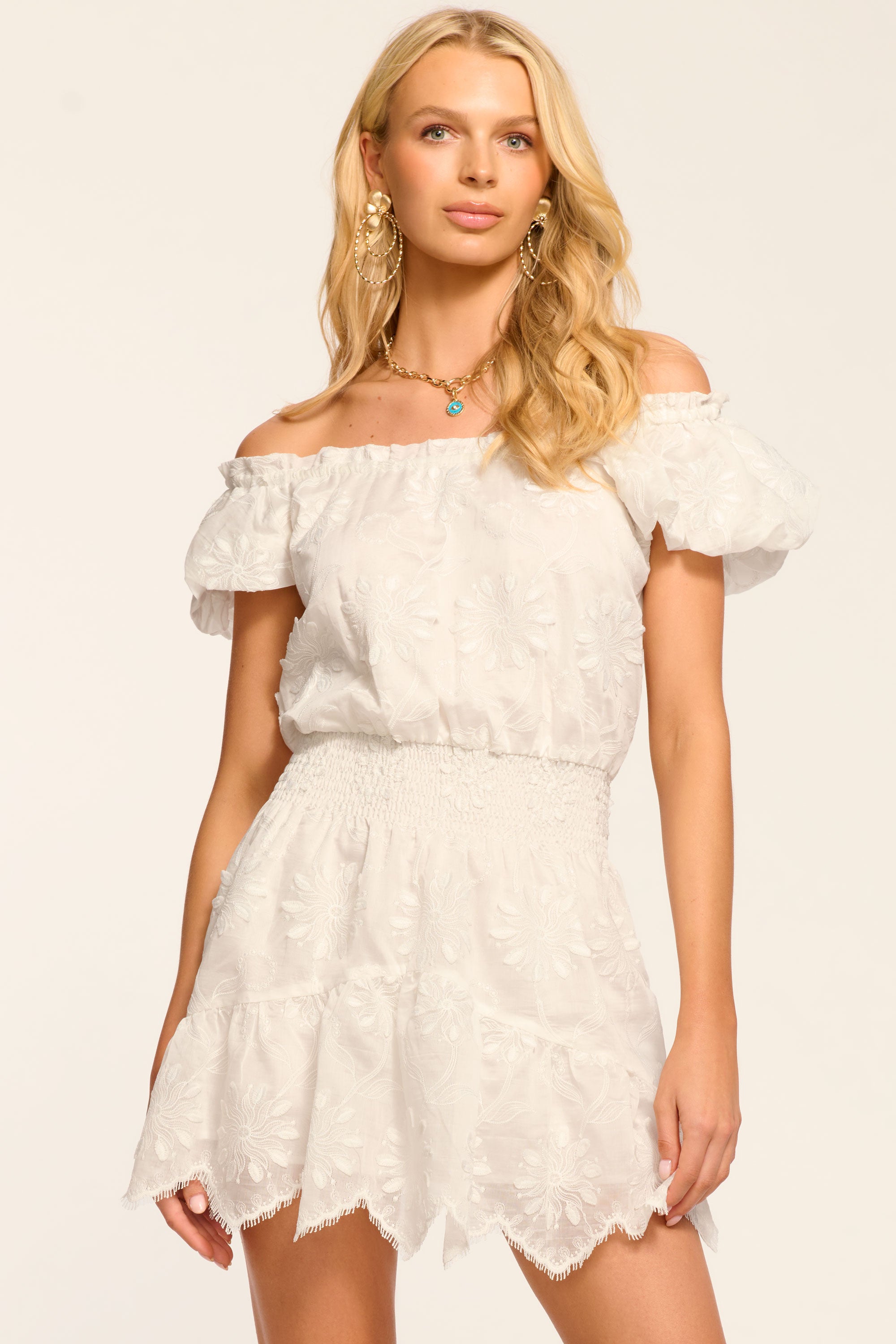 Verona Embroidered Organza Mini Dress in Ivory organza