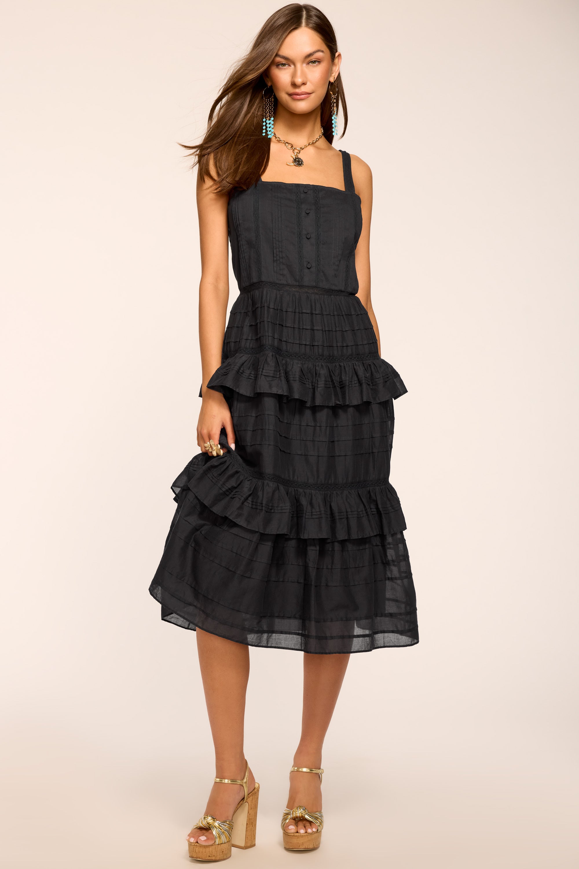 Daria Embroidered Voile Midi Dress in Black
