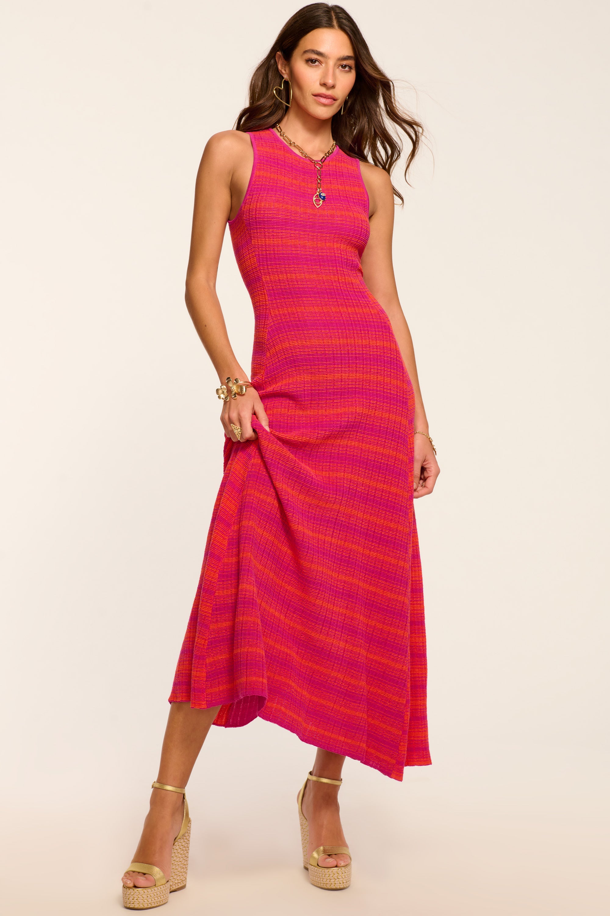 Nora Textured Knit High Neck Dress in Fiesta stripe