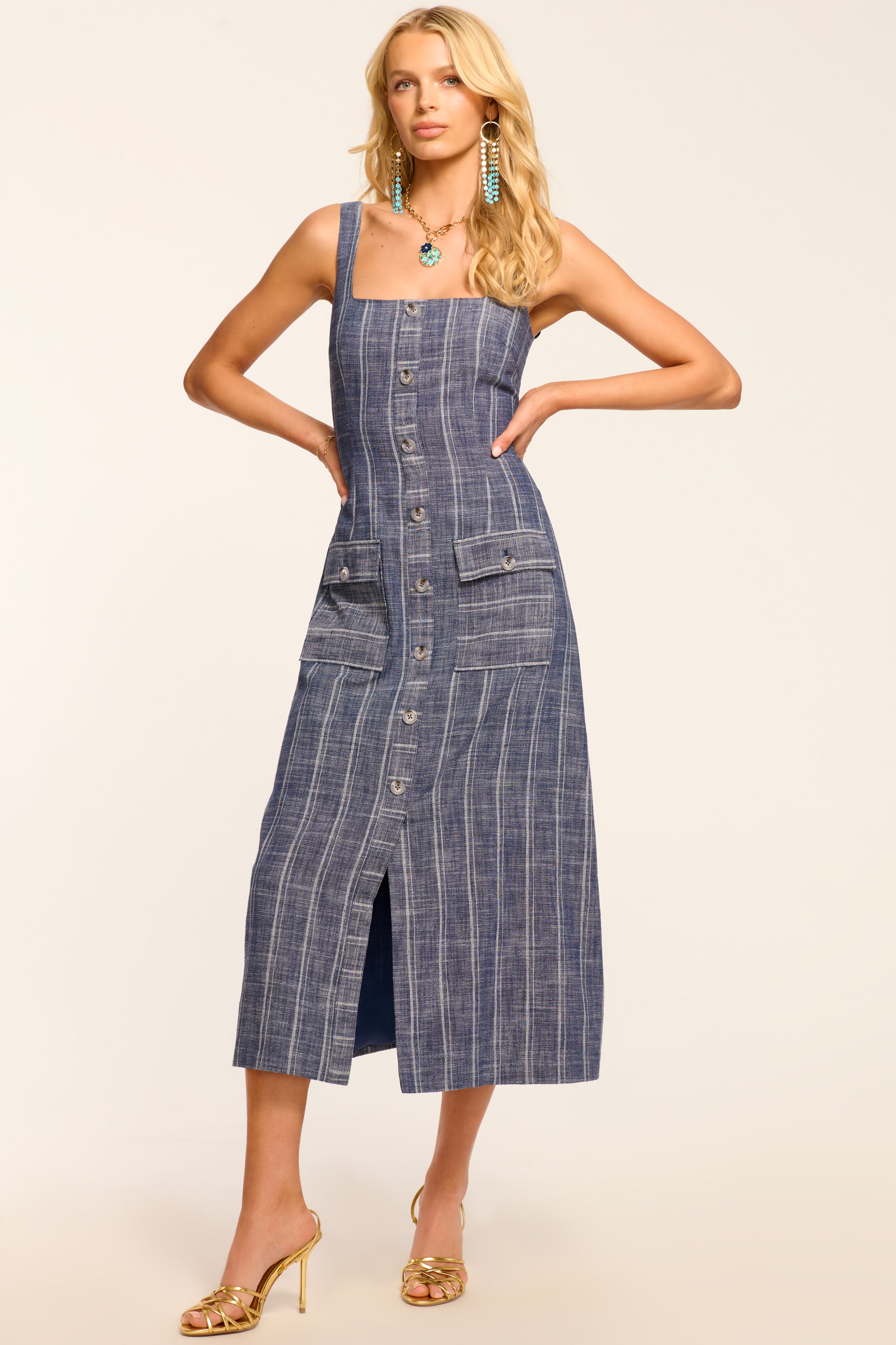 Noemi Button Down Midi Dress in Indigo stripe