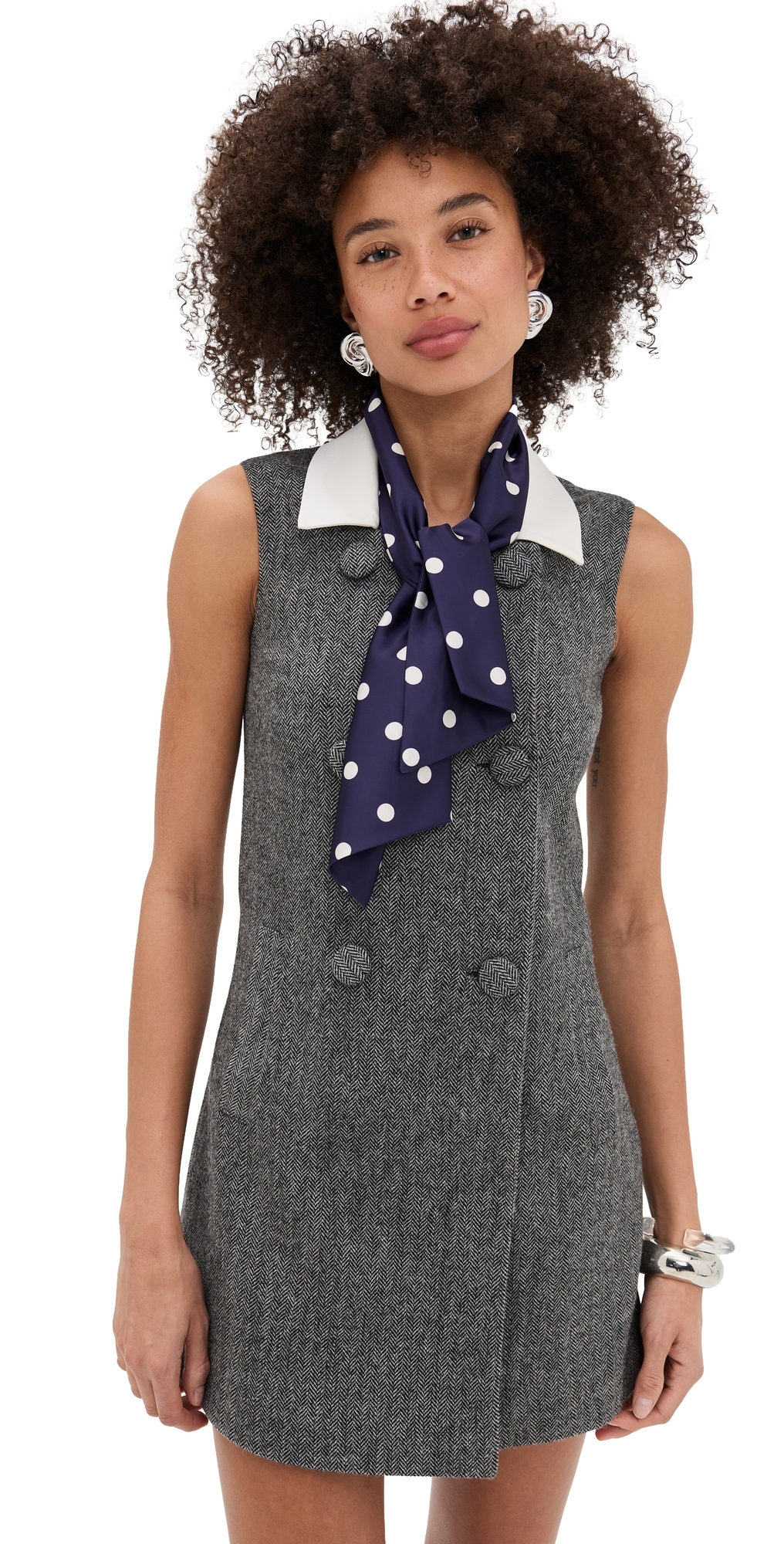Self Portrait Grey Herringbone Scarf Detail Mini Dress Grey