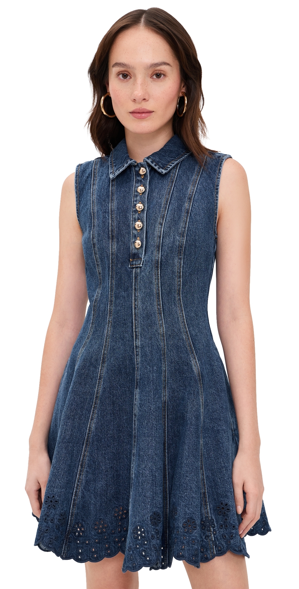 Self Portrait Denim Broderie Mini Dress Blue