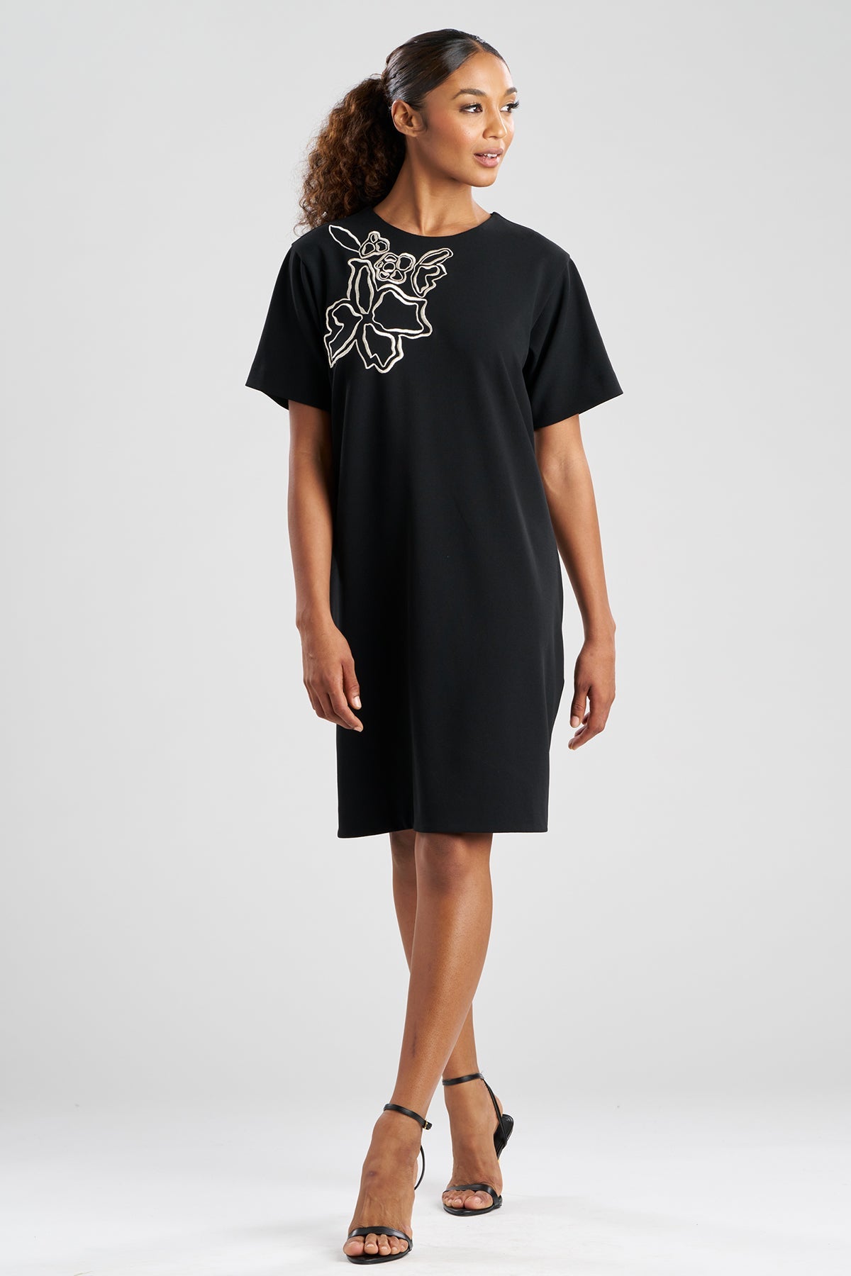 Solid Knit Crepe Embellished Short Sleeve Shift Dress