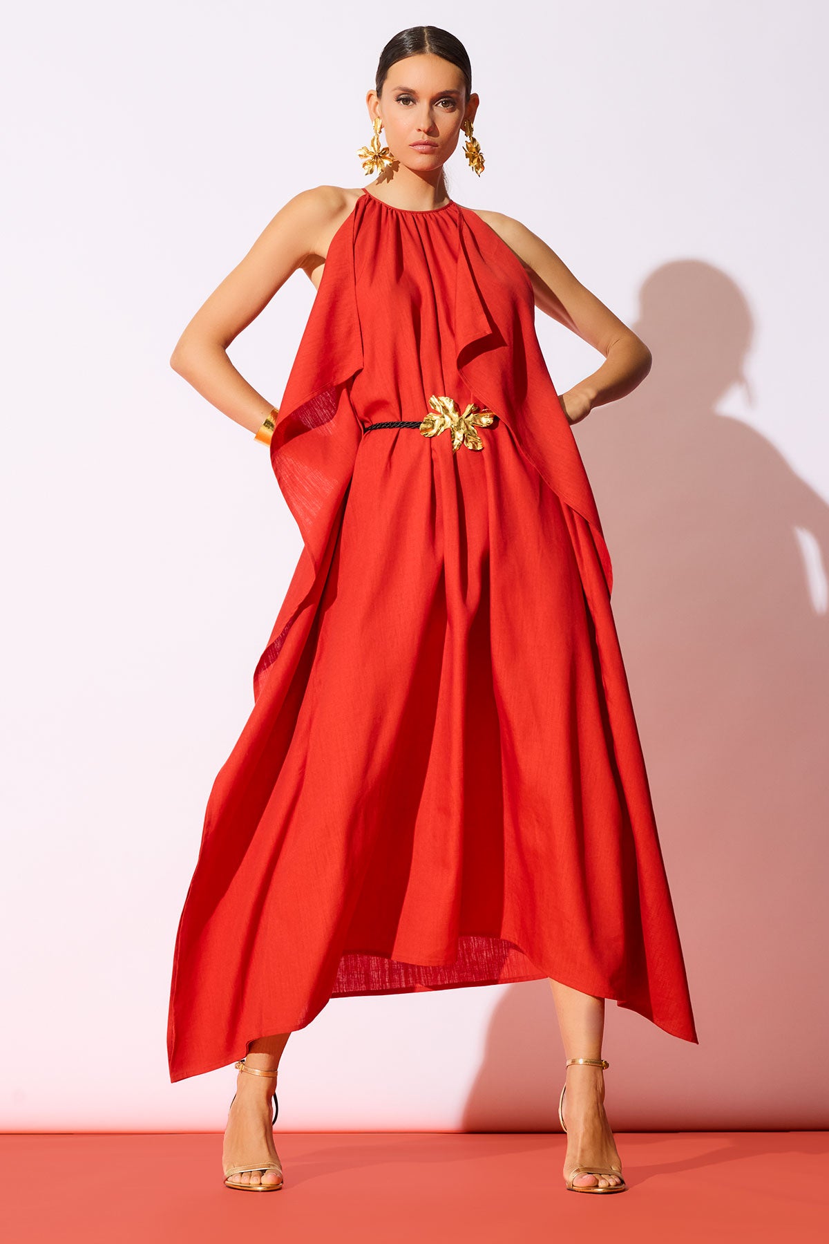 Solid Linen Belted Maxi Dress