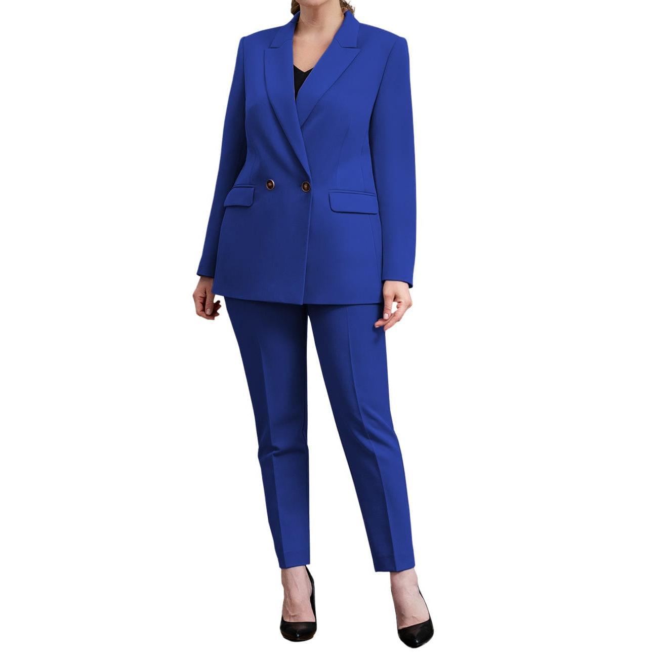 SoloveDress Women's Piece Solid Suit Peak Lapel Single Button Pants Set Blazer+Pants - Royal Blue
