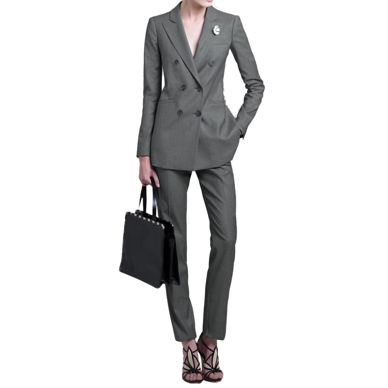 SoloveDress Women's Piece Solid Suit Peak Lapel Double Breasted Pants Set Blazer+Pants - Grey