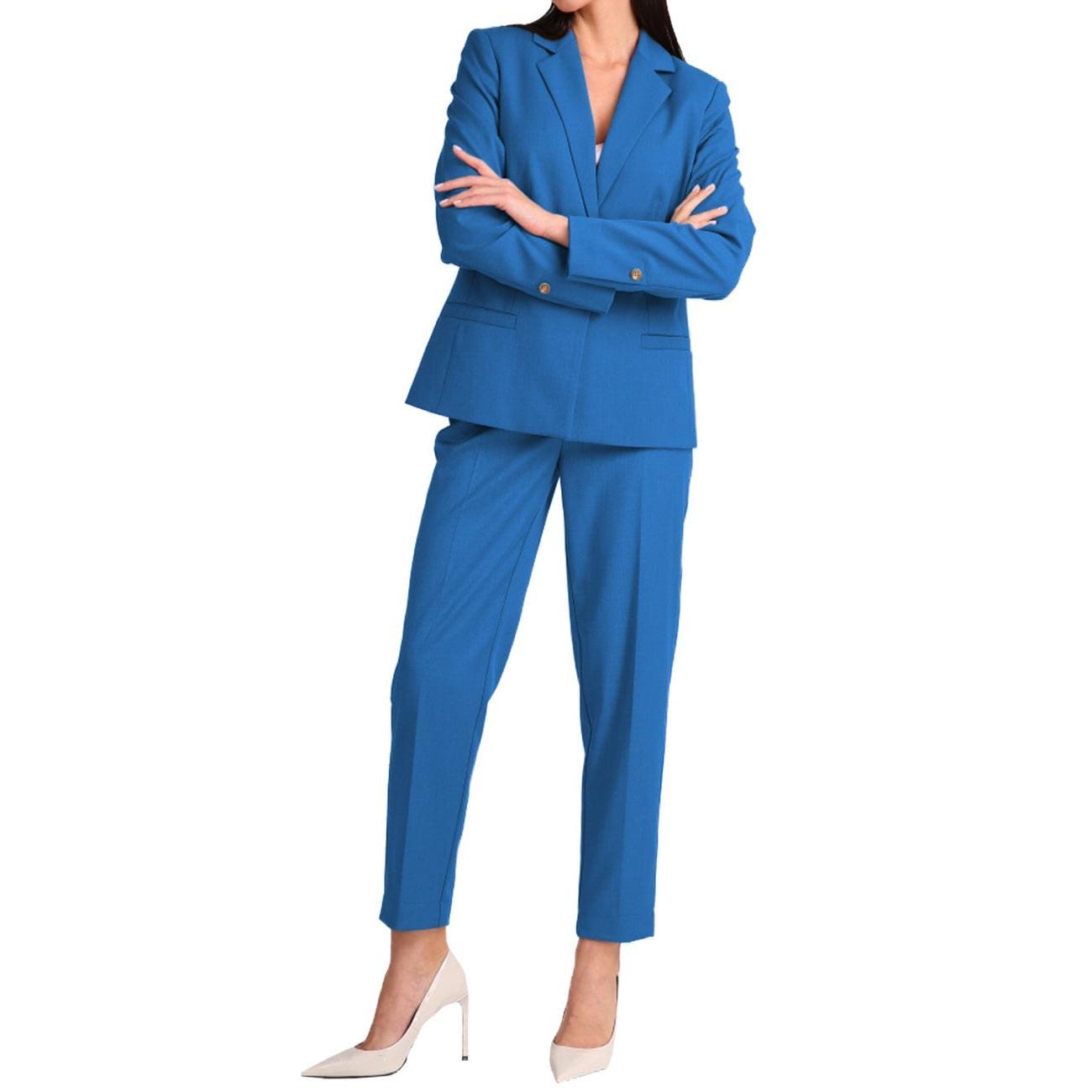 SoloveDress Women's Piece Solid Suit Notch Lapel Double Breasted Pants Set Blazer+Pants - Blue