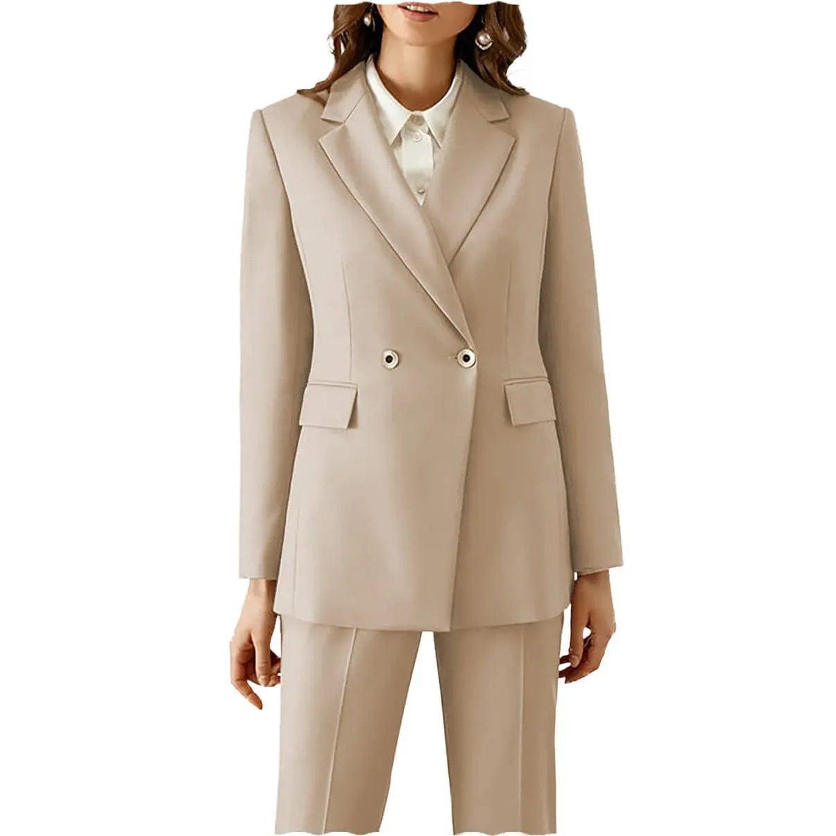 SoloveDress Women's Piece Solid Suit Peak Lapel Double Breasted Pants Set Blazer+Pants - Beige