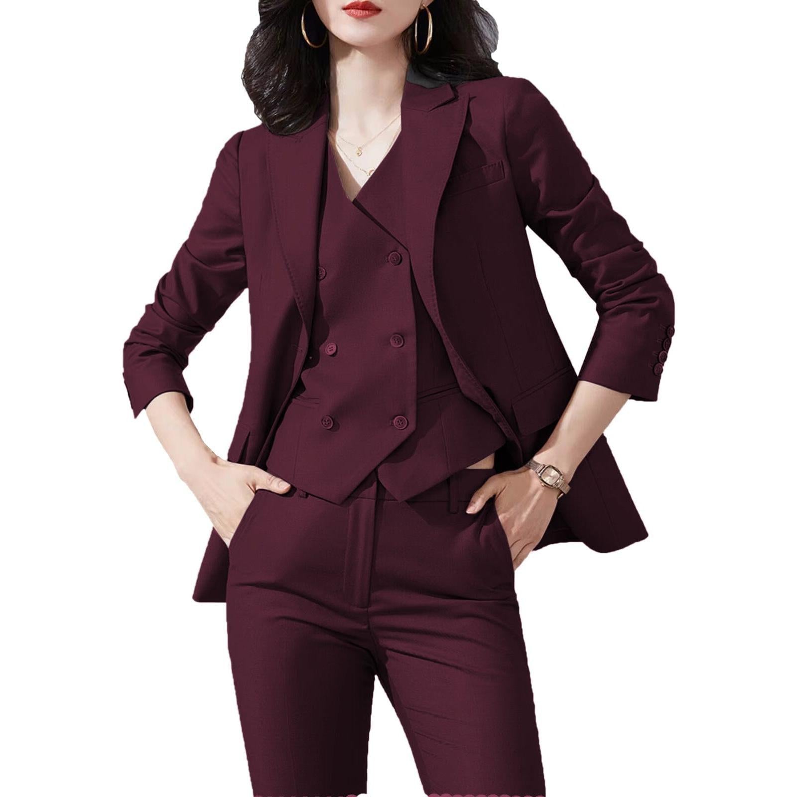 SoloveDress Women's Piece Solid Suit Peak Lapel Single Button Pants Set Blazer+Vest+Pants - Burgundy