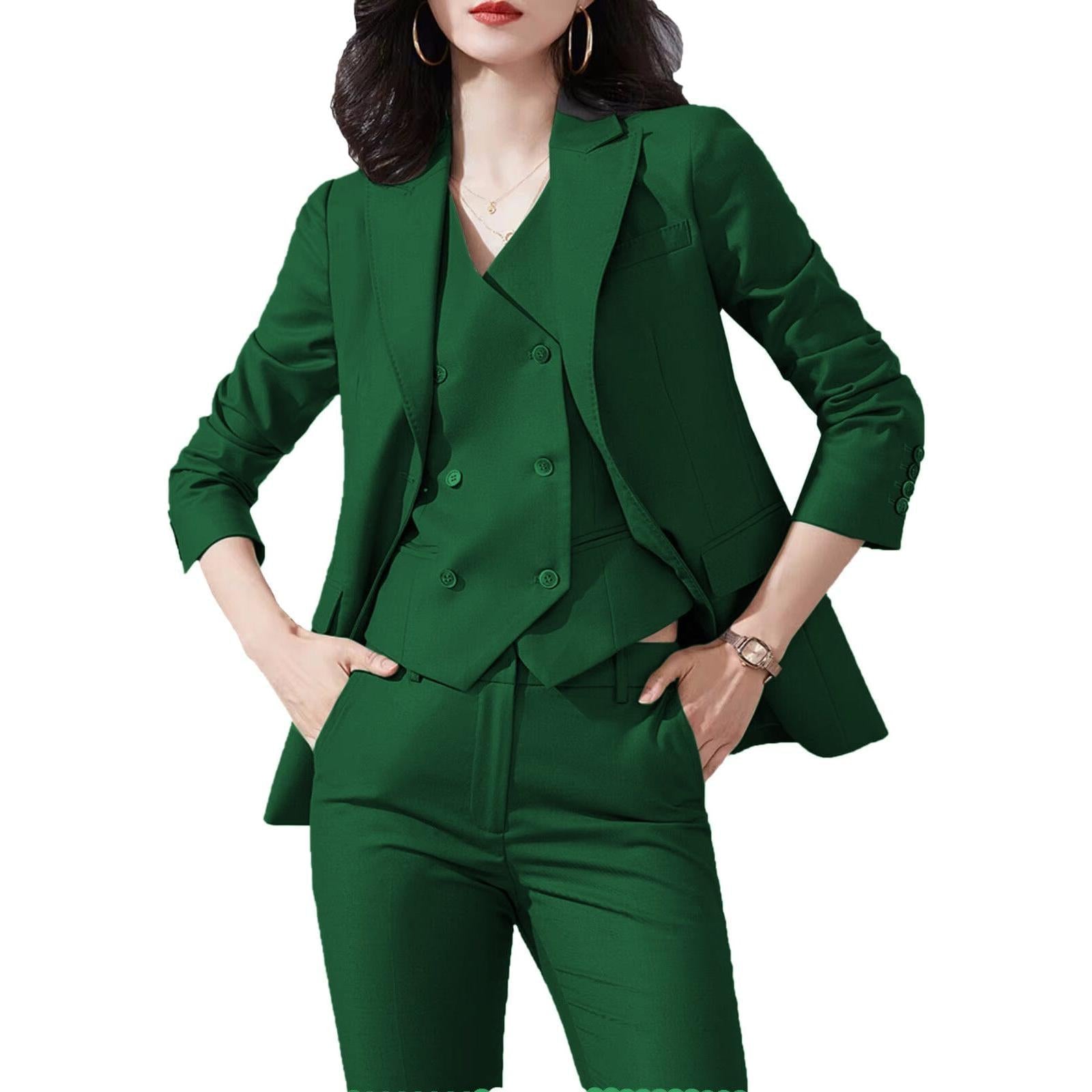SoloveDress Women's Piece Solid Suit Peak Lapel Single Button Pants Set Blazer+Vest+Pants - Green