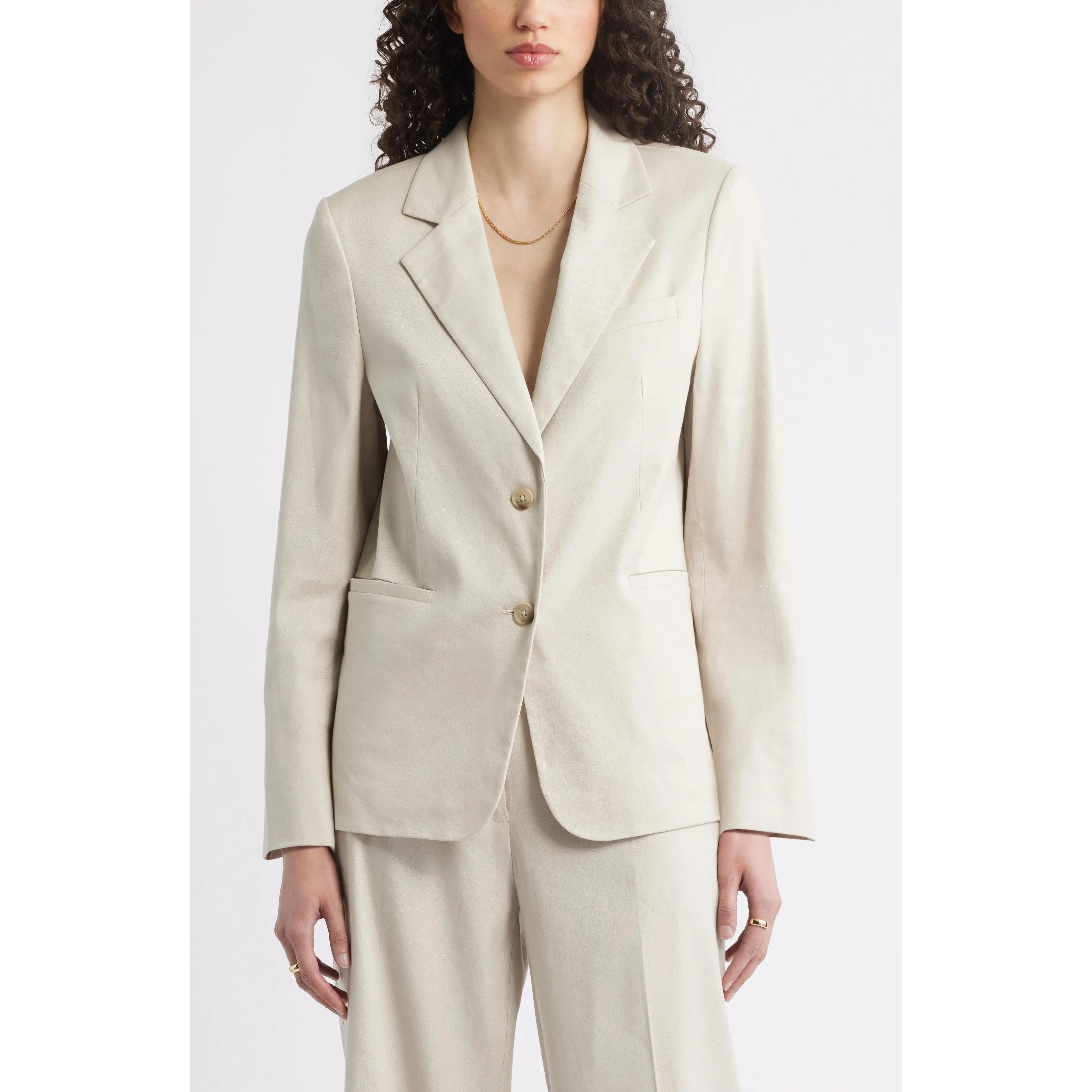 SoloveDress Women's Piece Beige Solid Suit Peak Lapel Single Button Pants Set Blazer+Pants - Beige