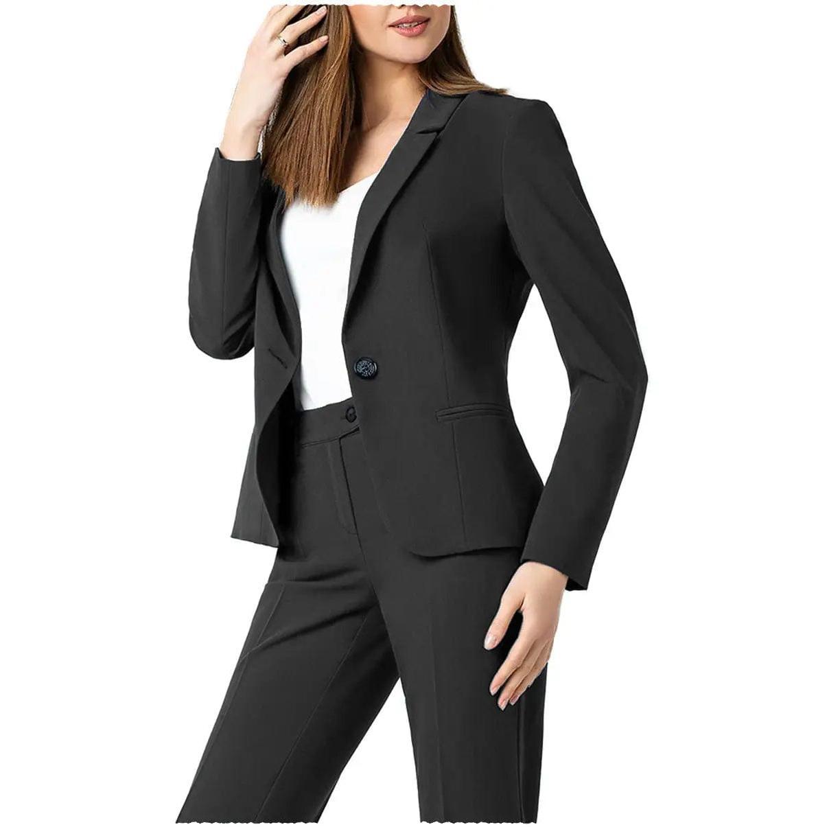 SoloveDress Women's Piece Solid Suit Notch Lapel Single Button Pants Set Blazer+Pants - Black