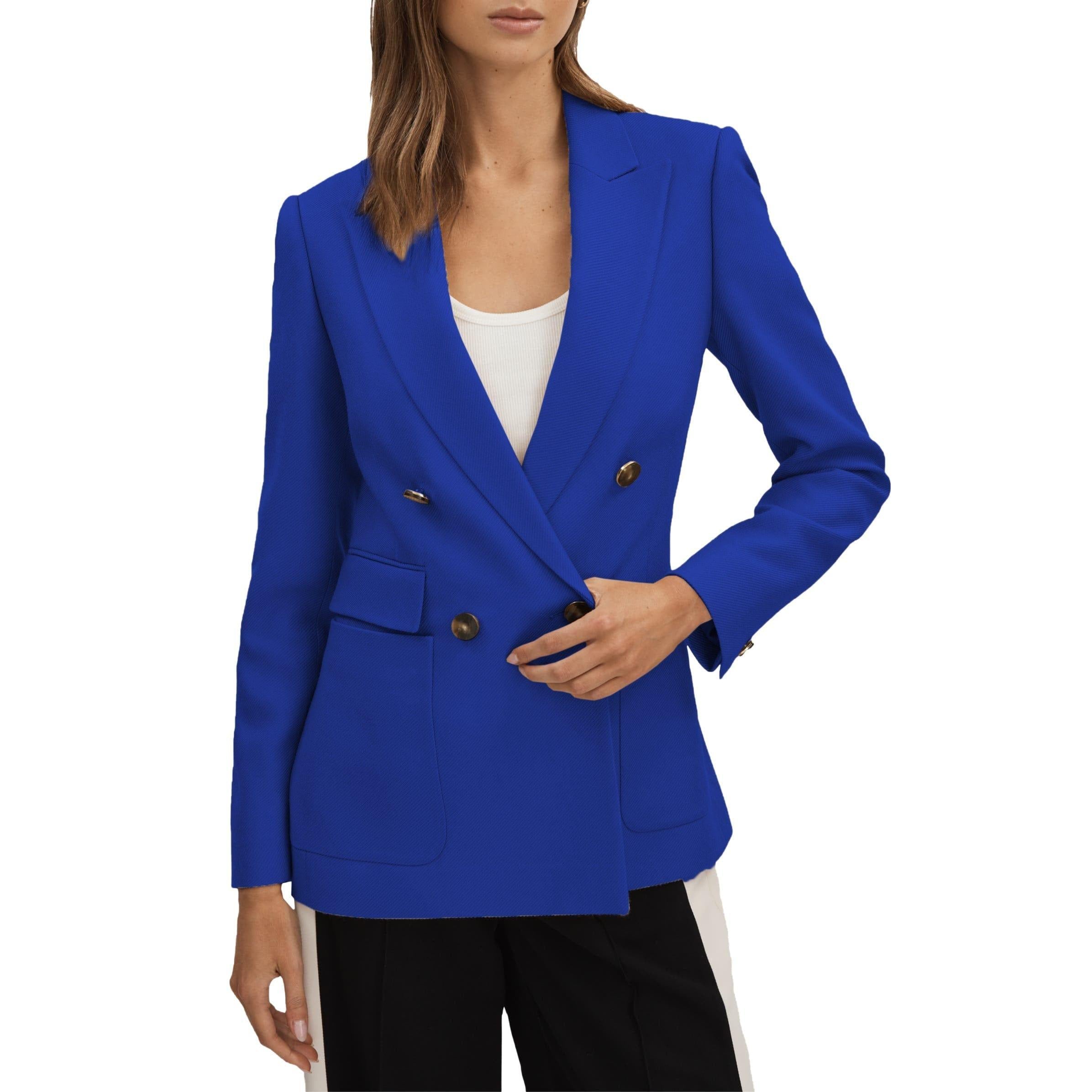 SoloveDress Women's Solid Double Breasted Peak Lapel Blazer - Royal Blue