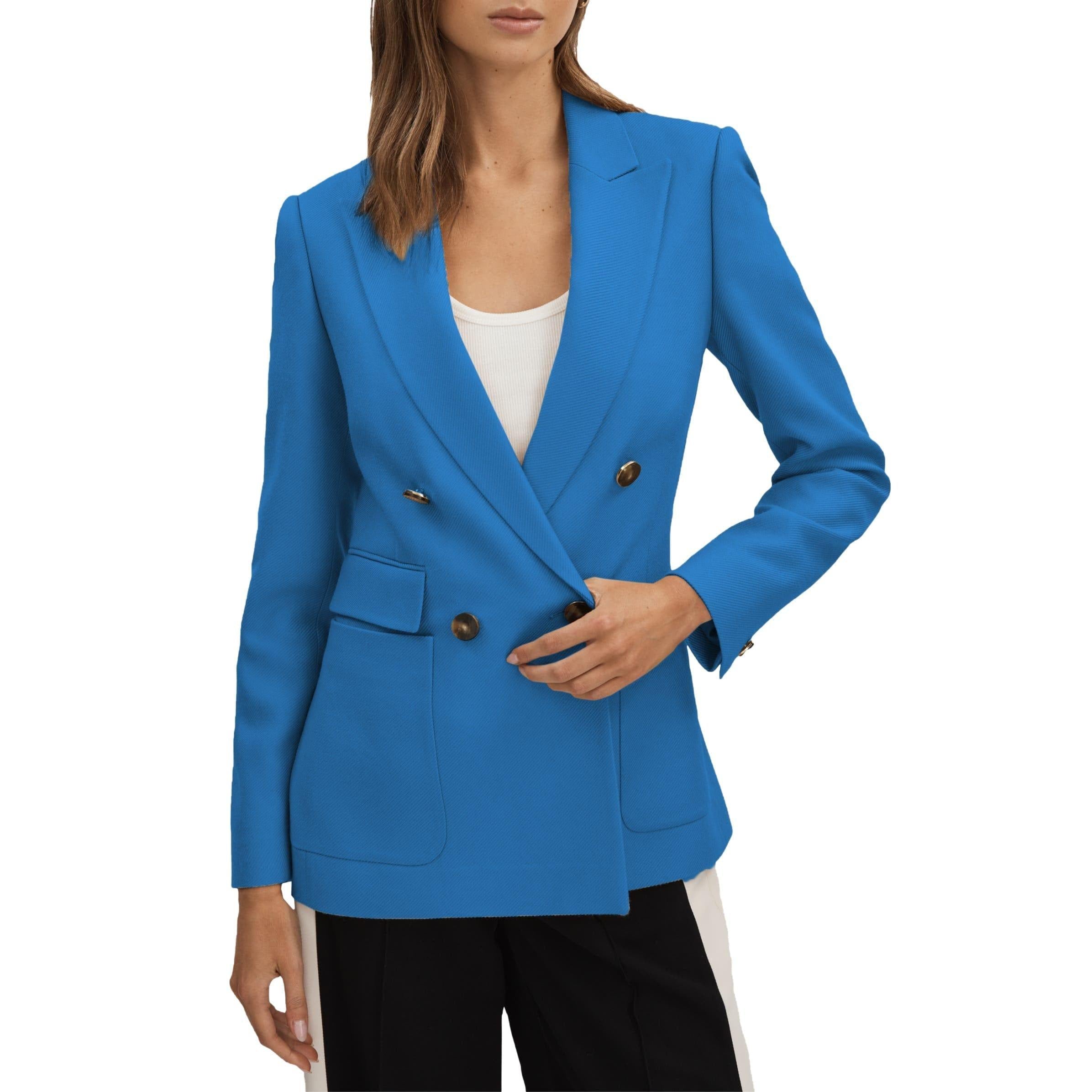 SoloveDress Women's Solid Double Breasted Peak Lapel Blazer - Blue