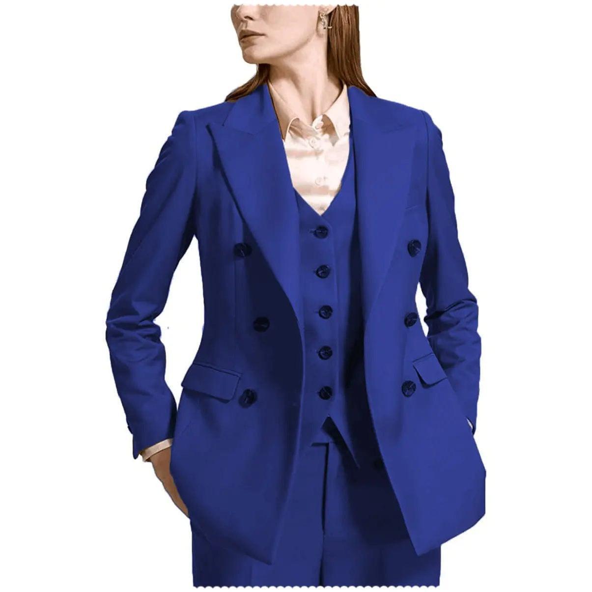 SoloveDress Women's Piece Solid Suit Peak Lapel Single Button Pants Set Blazer+Vest+Pants - Royal Blue