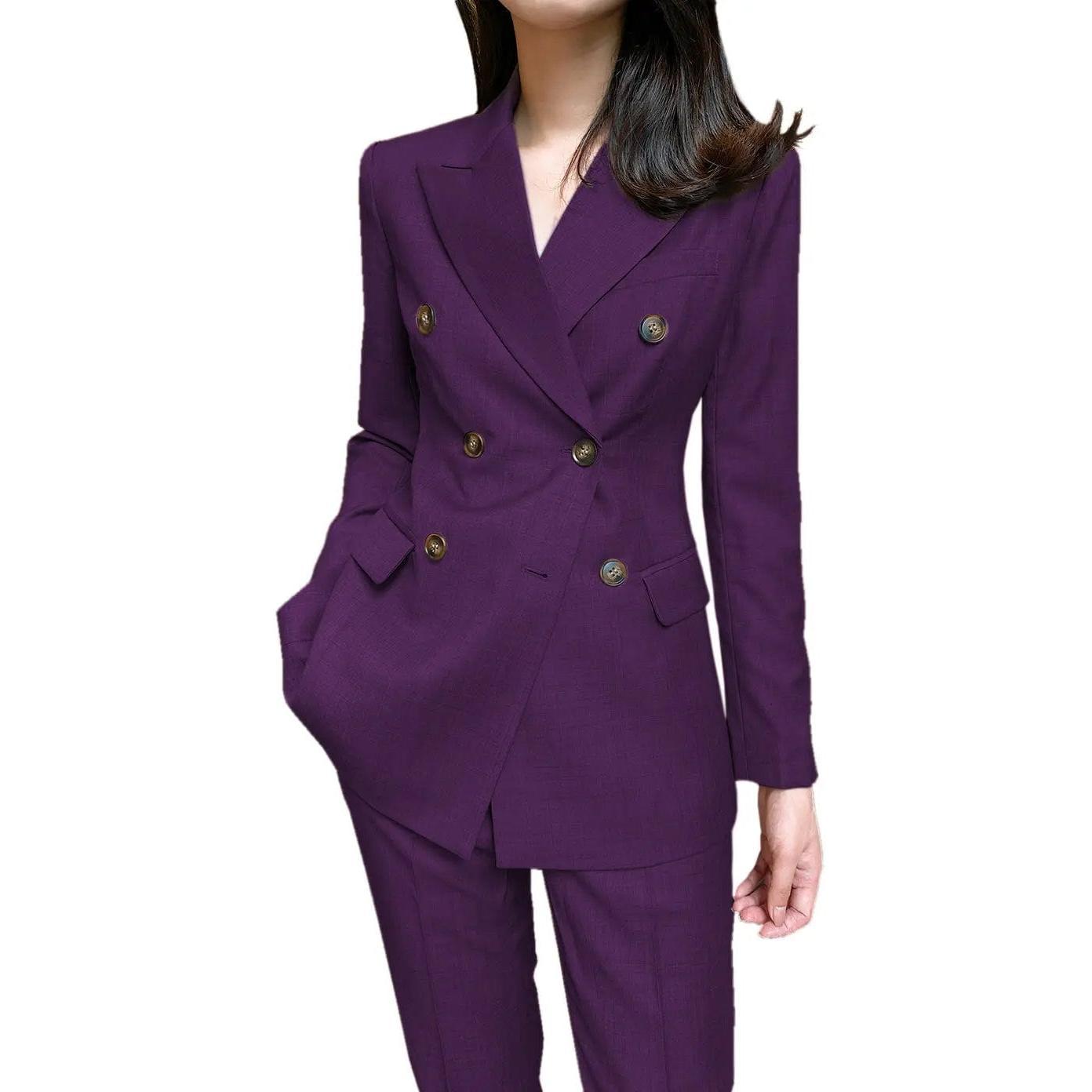 SoloveDress Women's Piece Solid Suit Peak Lapel Double Breasted Pants Set Blazer+Pants - Dark Purple