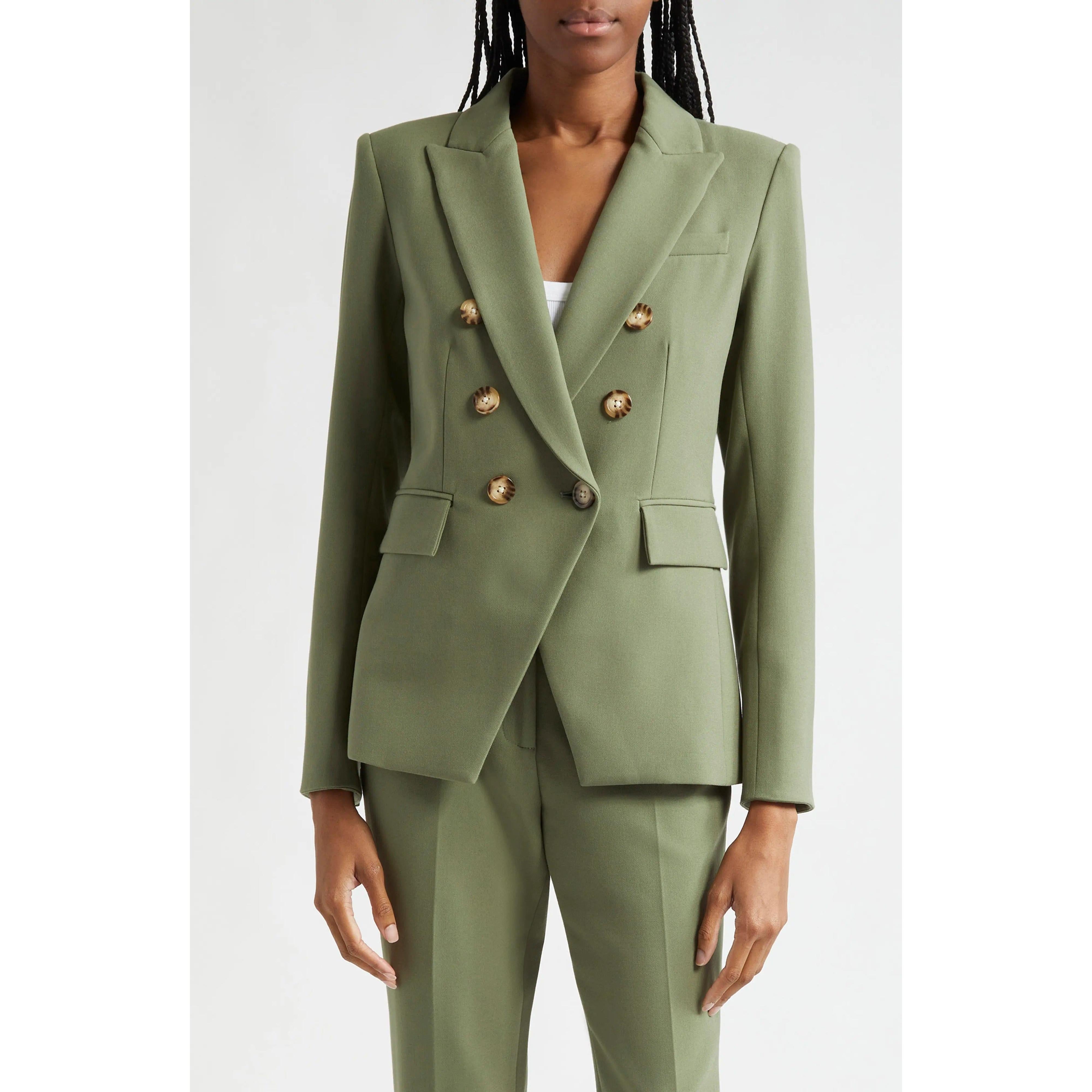 SoloveDress Women's Piece Olive Green Solid Suit Peak Lapel Double Breasted Pants Set Blazer+Pants - Olive Green