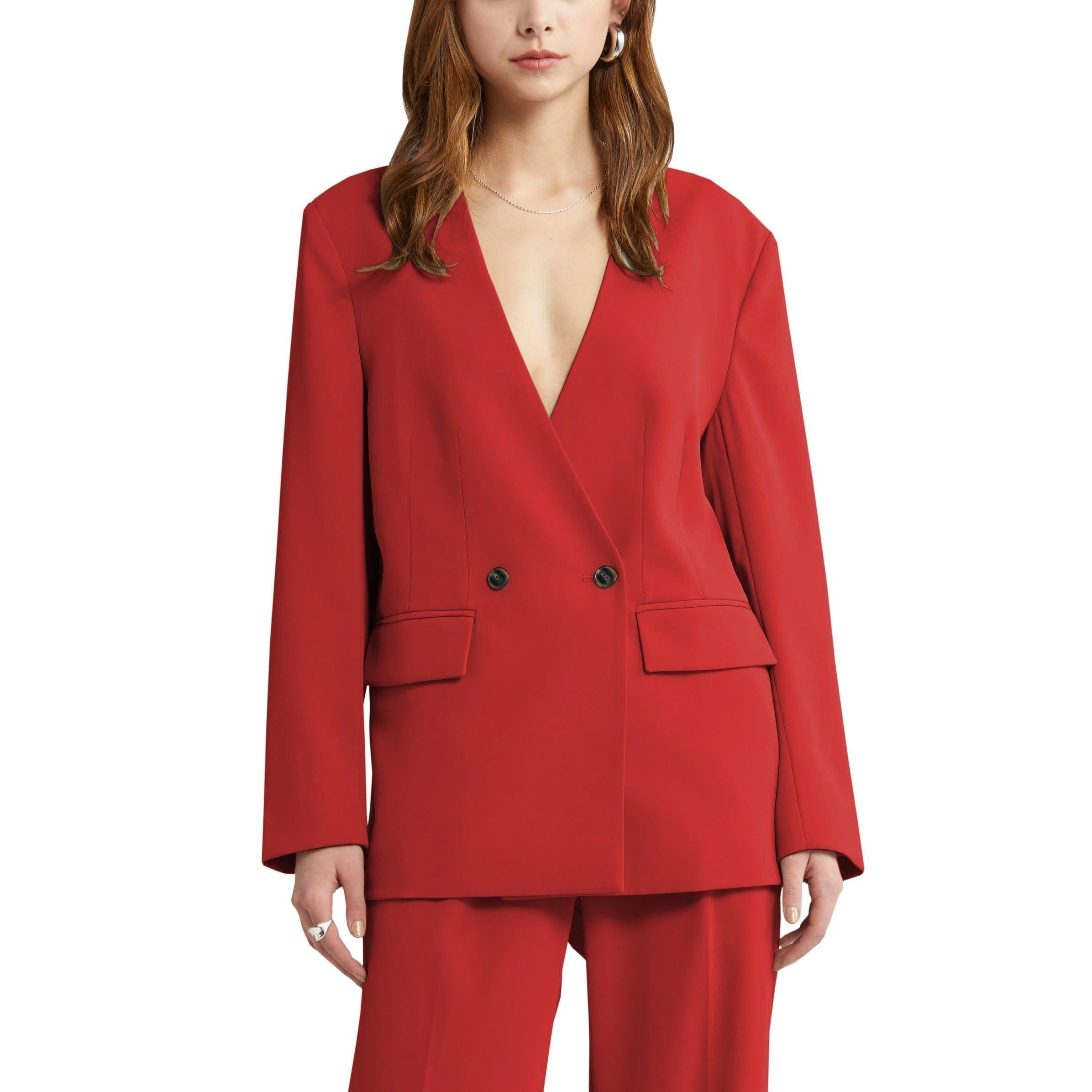 SoloveDress Women's Piece Solid Suit V Neck Double Button Pants Set Blazer+Pants - Red